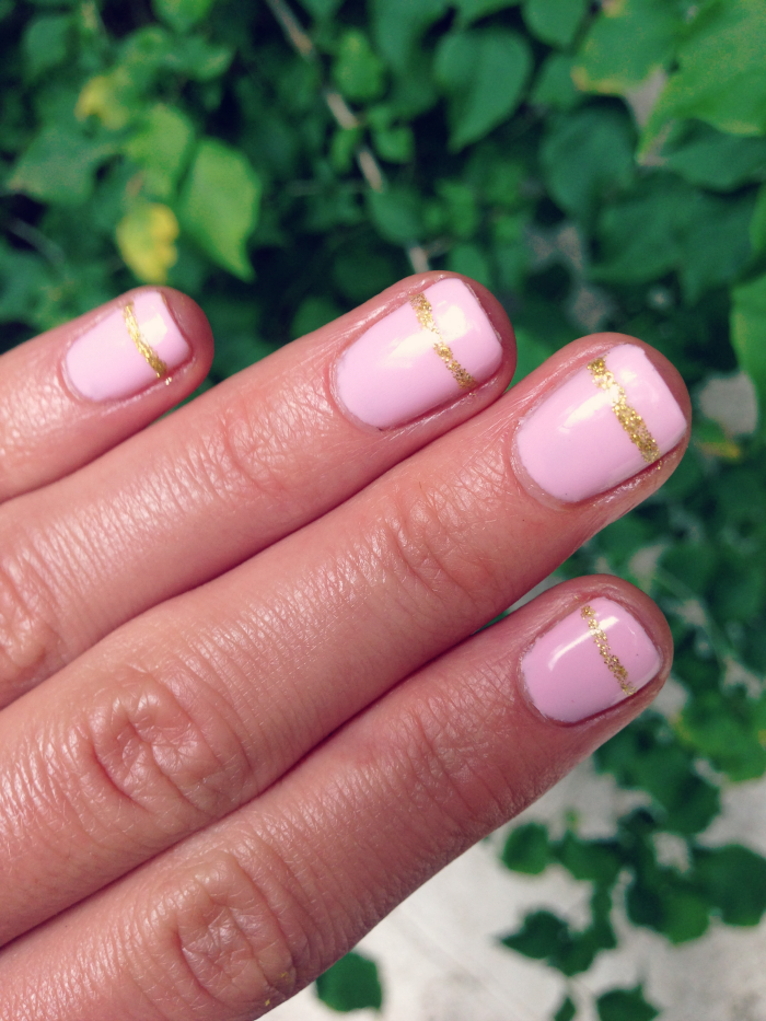 Bubbly Revlon Pink Nails with Gold Line Manicure