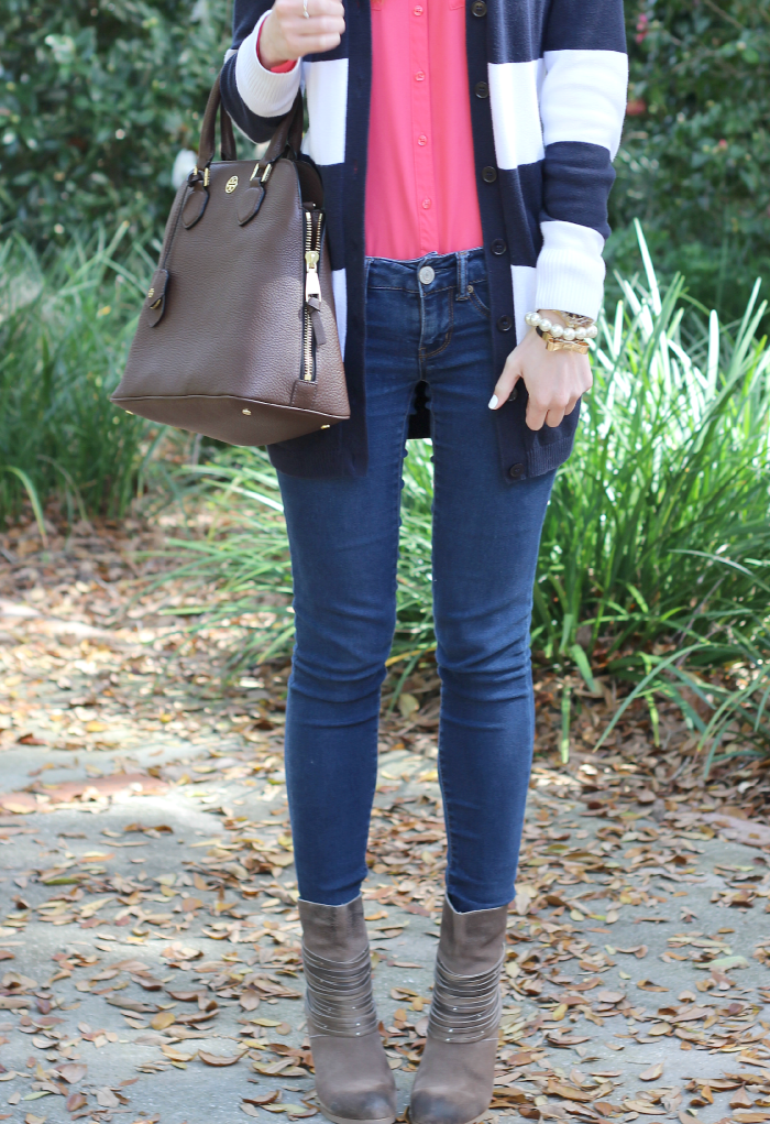 White, Navy, and Coral Daytime Outfit