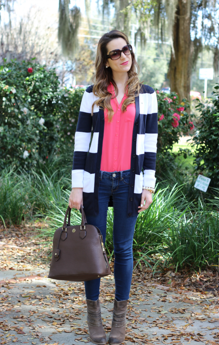 White, Navy, and Coral Daytime Outfit