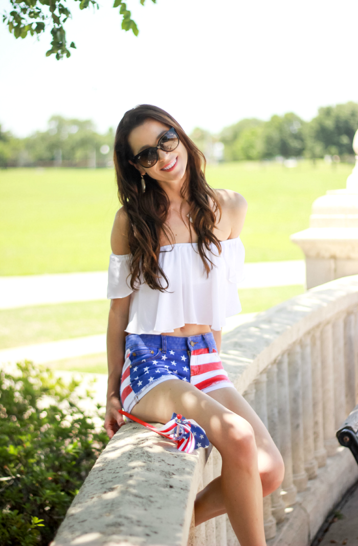 How to wear American flag shorts by southern fashion blogger Stephanie Ziajka from Diary of a Debutante, casual 4th of July outfit idea