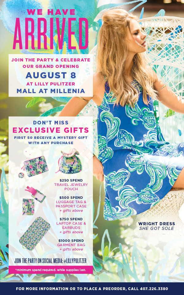 Come celebrate the Lilly Pulitzer Mall at Millenia Grand Opening on August 8th in Orlando! There will be sips, sweets, and Lilly prints galore.