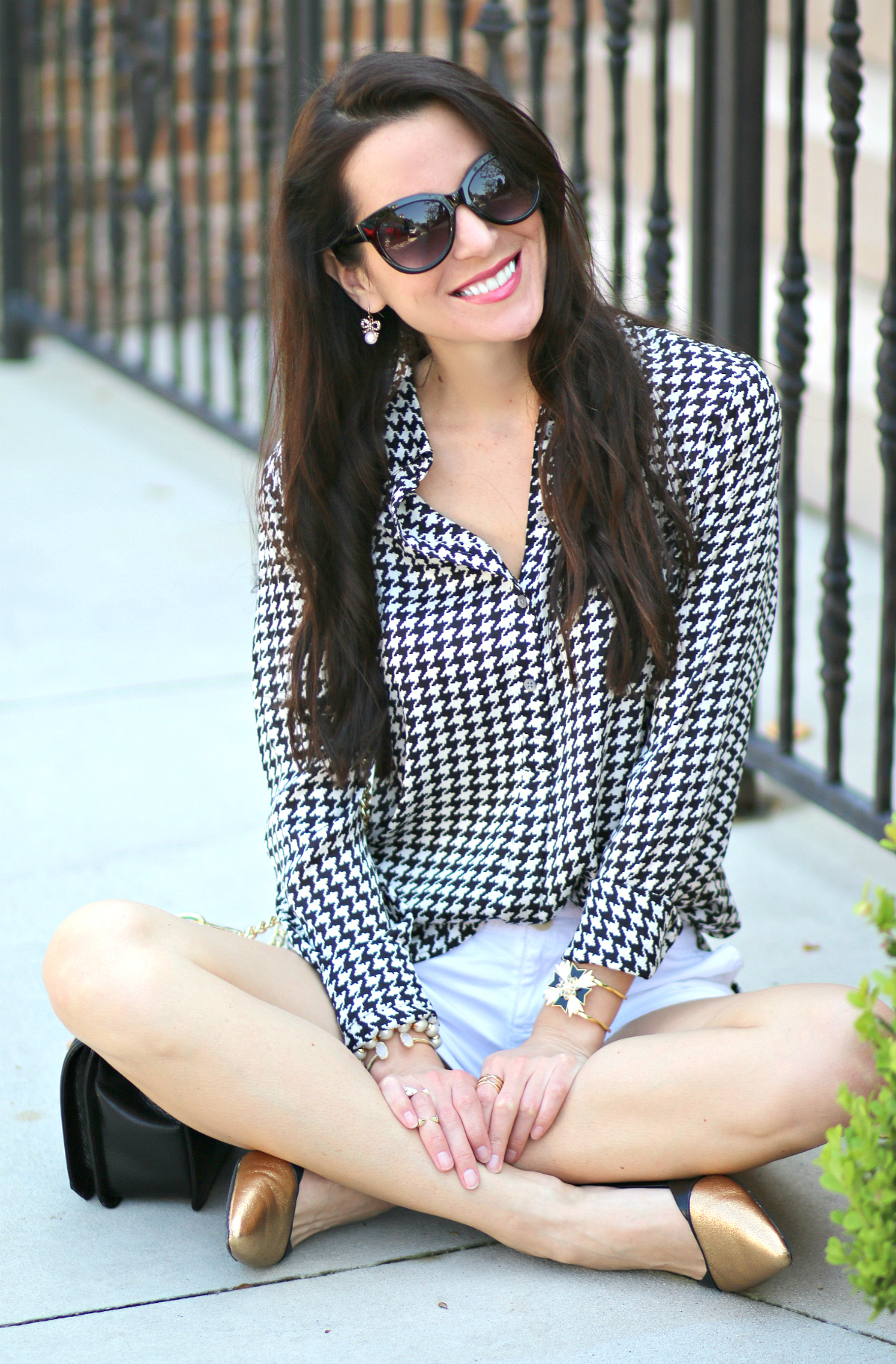 Ralph Lauren houndstooth blouse with white shorts and gold-dipped Rockport flats