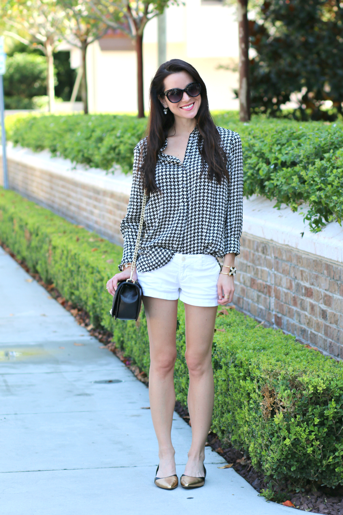 Ralph Lauren houndstooth blouse with white shorts and gold-dipped Rockport flats