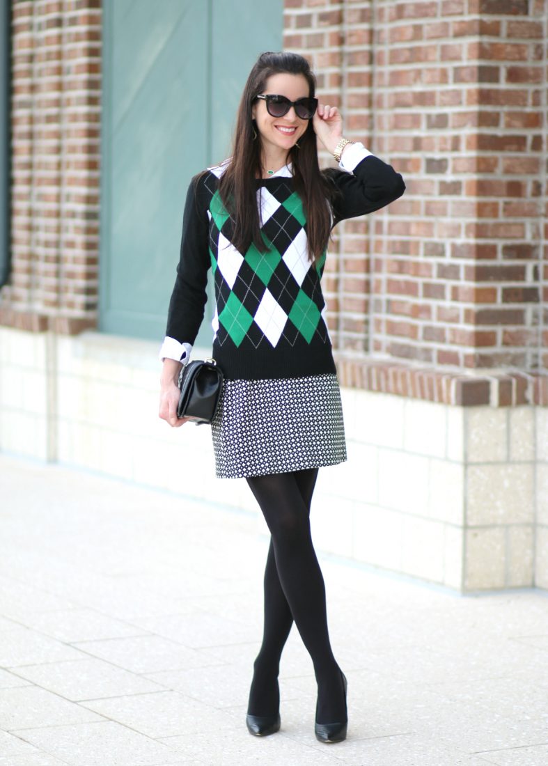 Mixing Patterns for the Holidays: Argyle Sweater and Geo Print Skirt