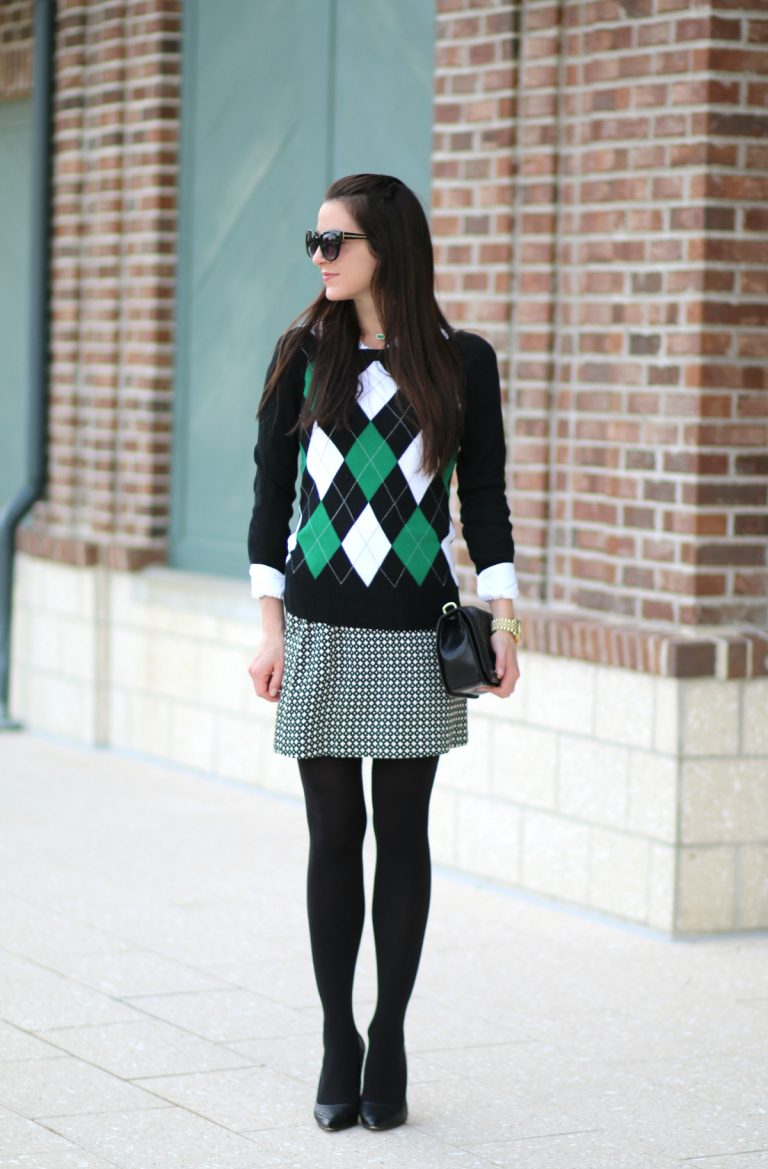 Mixing Patterns for the Holidays: Argyle Sweater and Geo Print Skirt