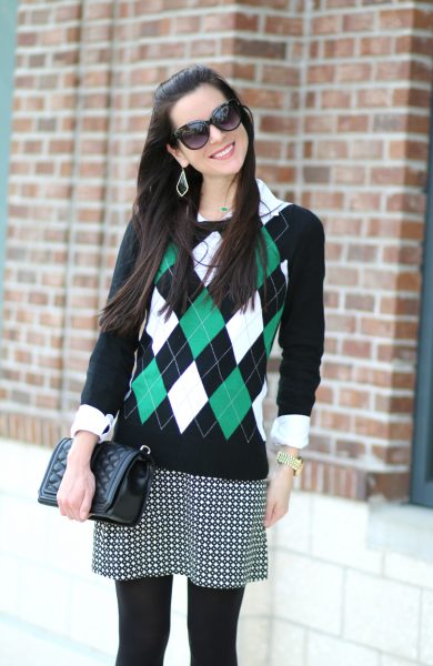 Mixing Patterns for the Holidays: Argyle Sweater and Geo Print Skirt