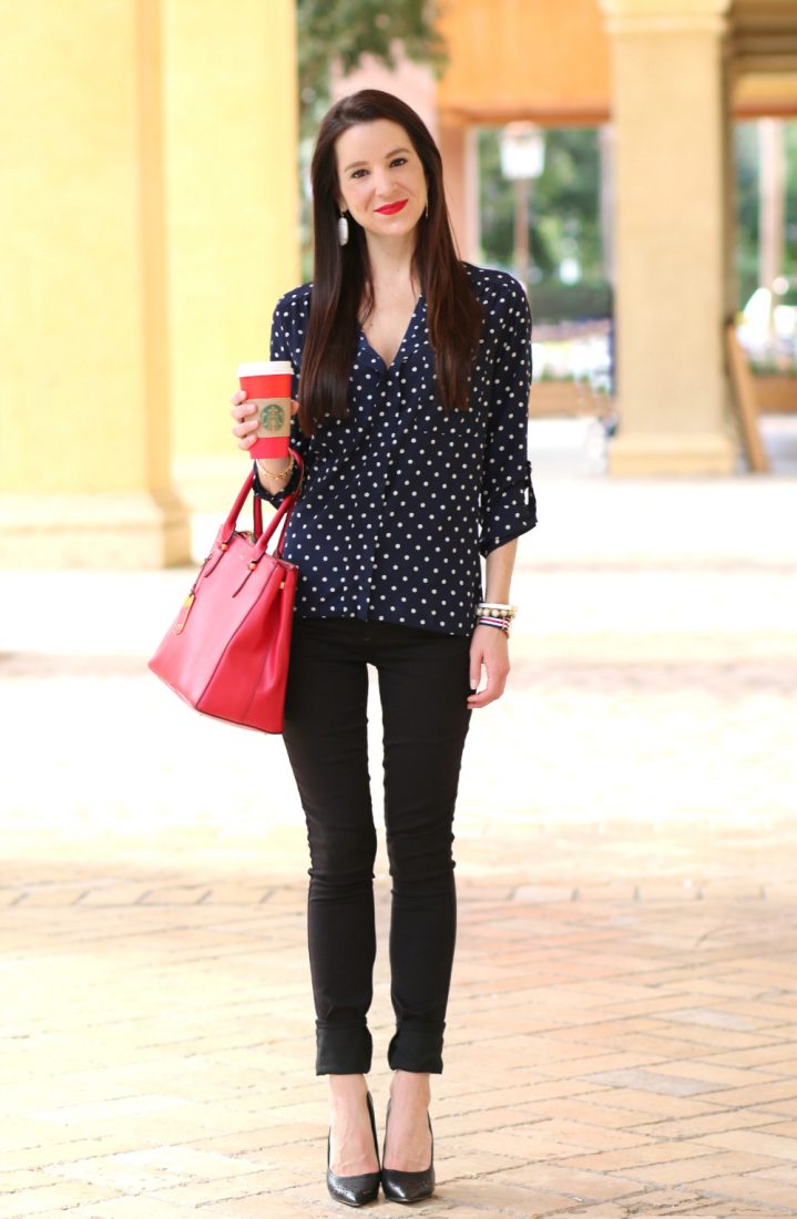 Cute and Classic Fall Fashion: Navy Polka Dot Top