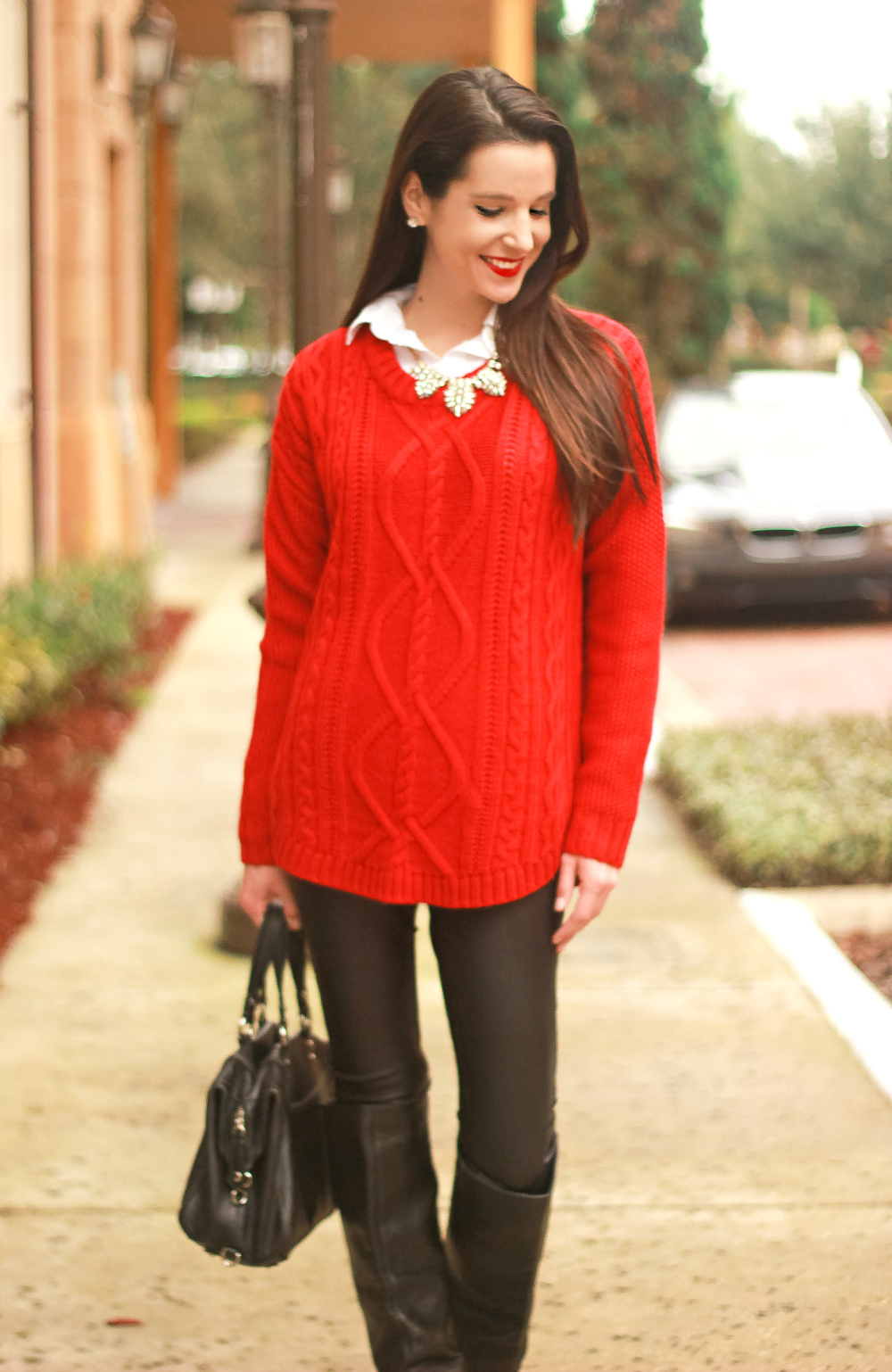 Oversized Red Cable Knit Sweater, Red Cable Knit Sweater, Holiday Outfit, Casual Sweater Outfit, Stephanie Ziajka, Diary of a Debutante