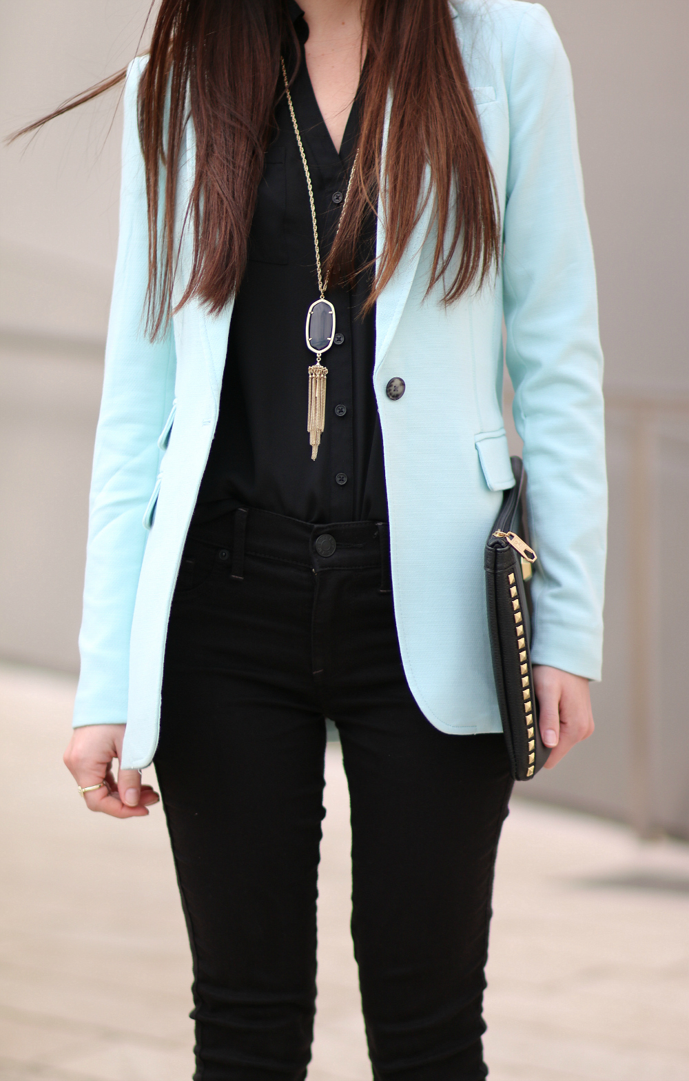 turquoise blazer, mint blazer, black and mint outfit, Banana Republic blazer, Stephanie Ziajka, Diary of a Debutante