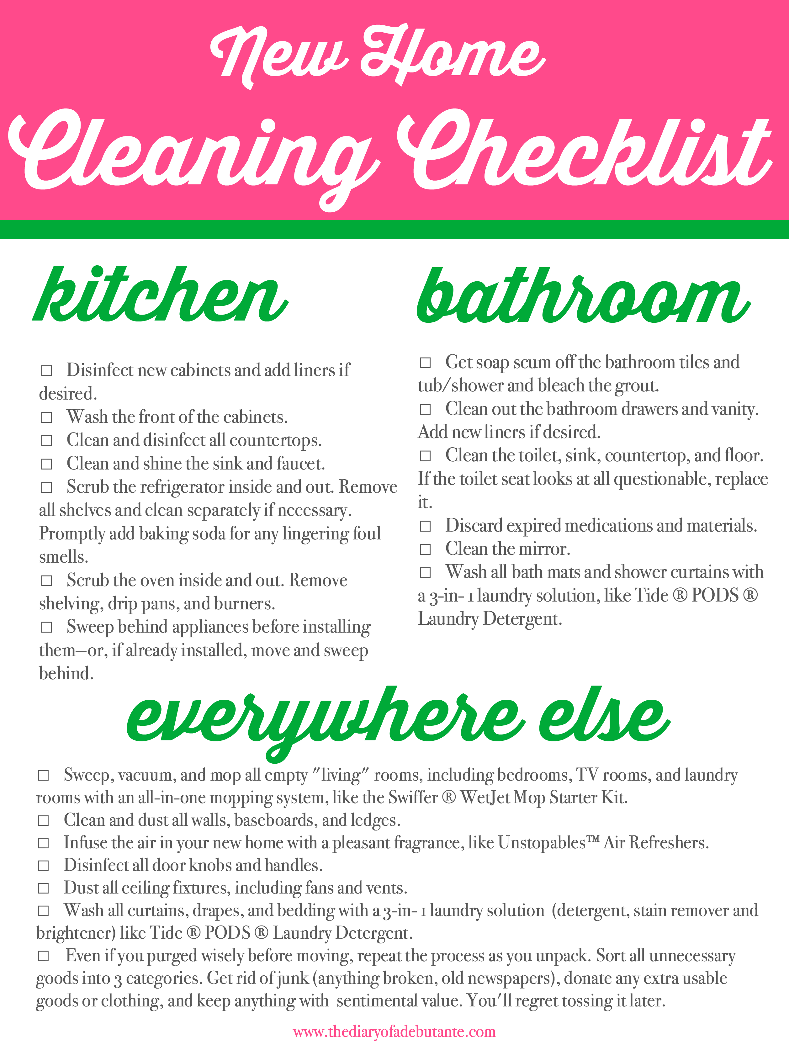 New Home Cleaning Checklist, Moving Cleaning Checklist, Clean Home Checklist, Cleaning Tips, Clean Hacks, Stephanie Ziajka, Diary of a Debutante