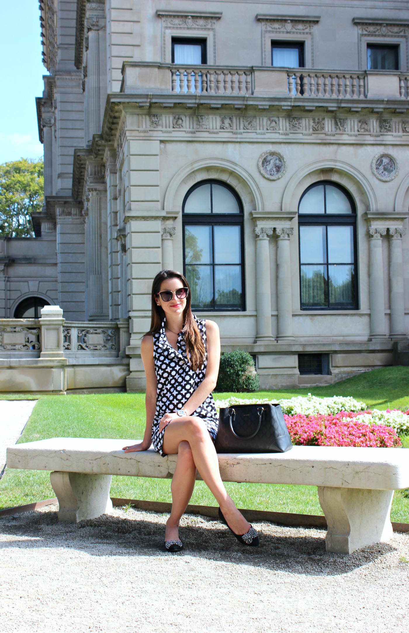 Brit Rose black and white ruffle dress for brunch at The Breakers in Newport, Rhode Island