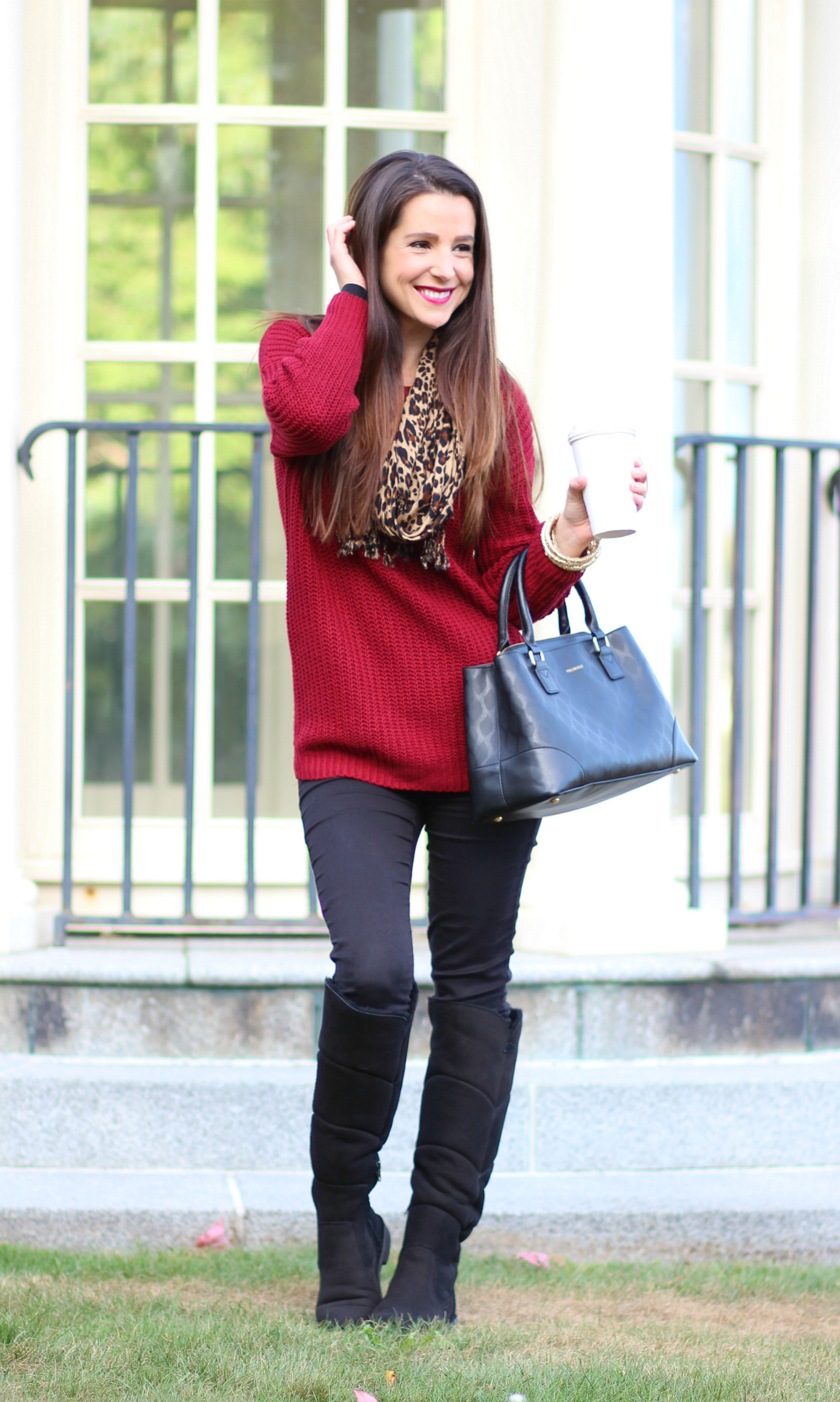 SheIn marsala sweater with a leopard scarf and Sibley tall UGG boots
