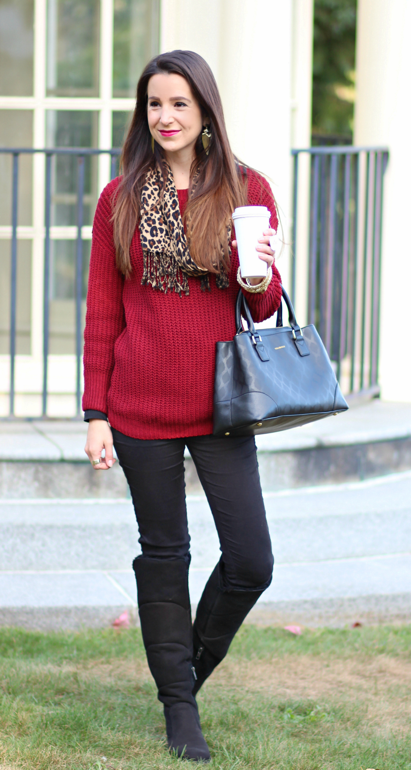 SheIn marsala sweater with a leopard scarf and Sibley tall UGG boots