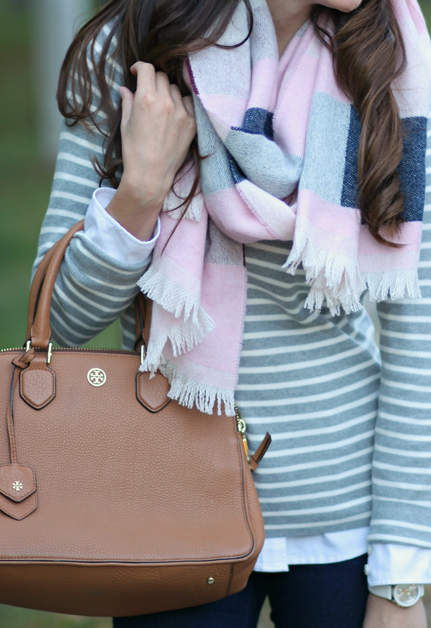 This cozy Breast Cancer Awareness striped blanket scarf from Talbots is as fabulous as it is philanthropic! 20% of net proceeds will benefit the NBCF. 