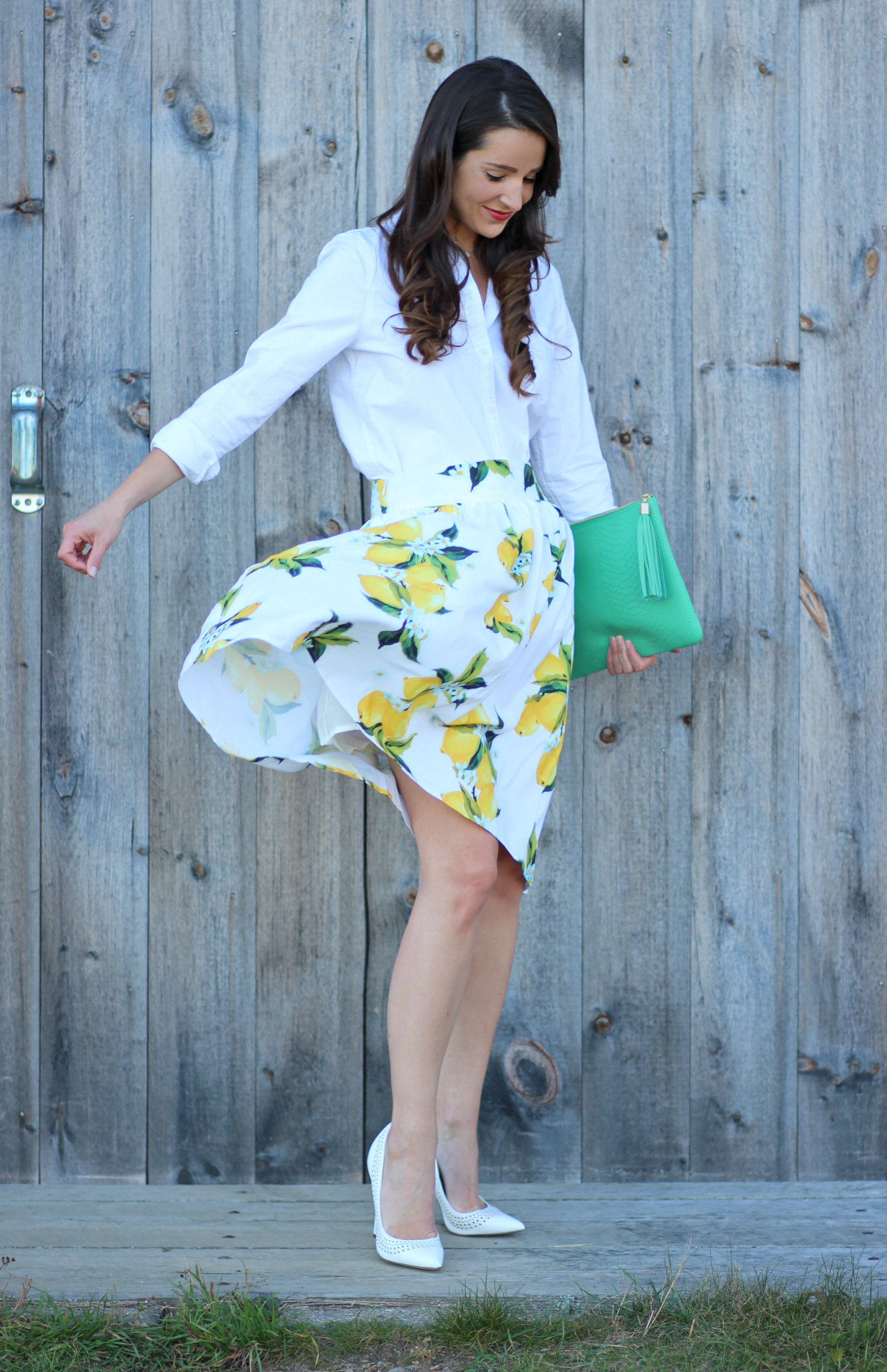 Zaful lemon print skirt with a white J.Crew Factory oxford and kelly green clutch