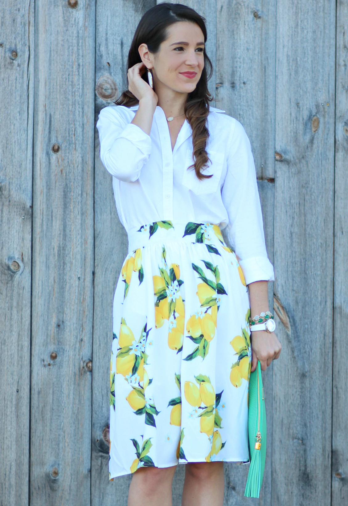 Zaful lemon print skirt with a white J.Crew Factory oxford and kelly green clutch