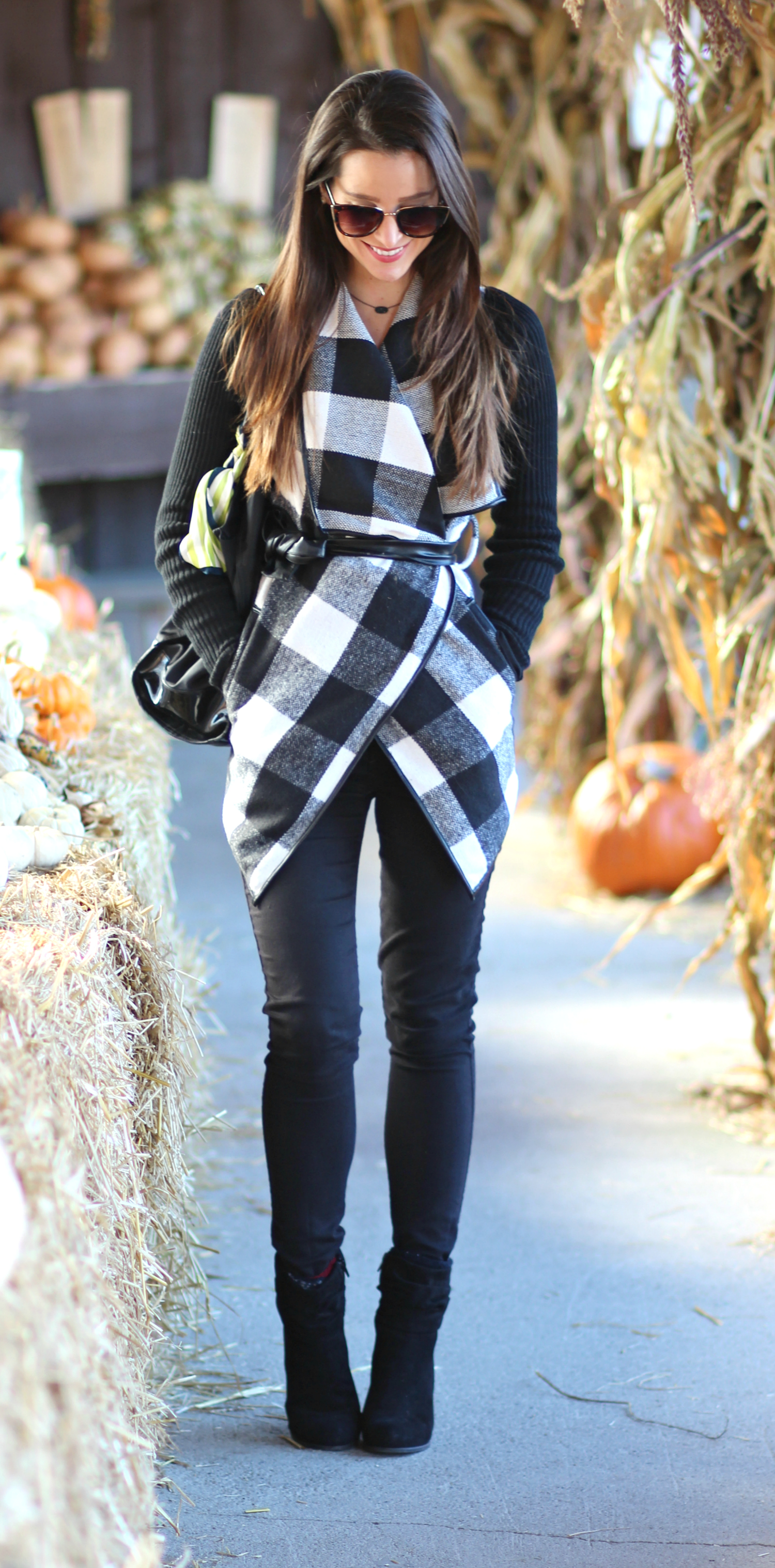 Affordable black and white plaid wrap coat from SheIn