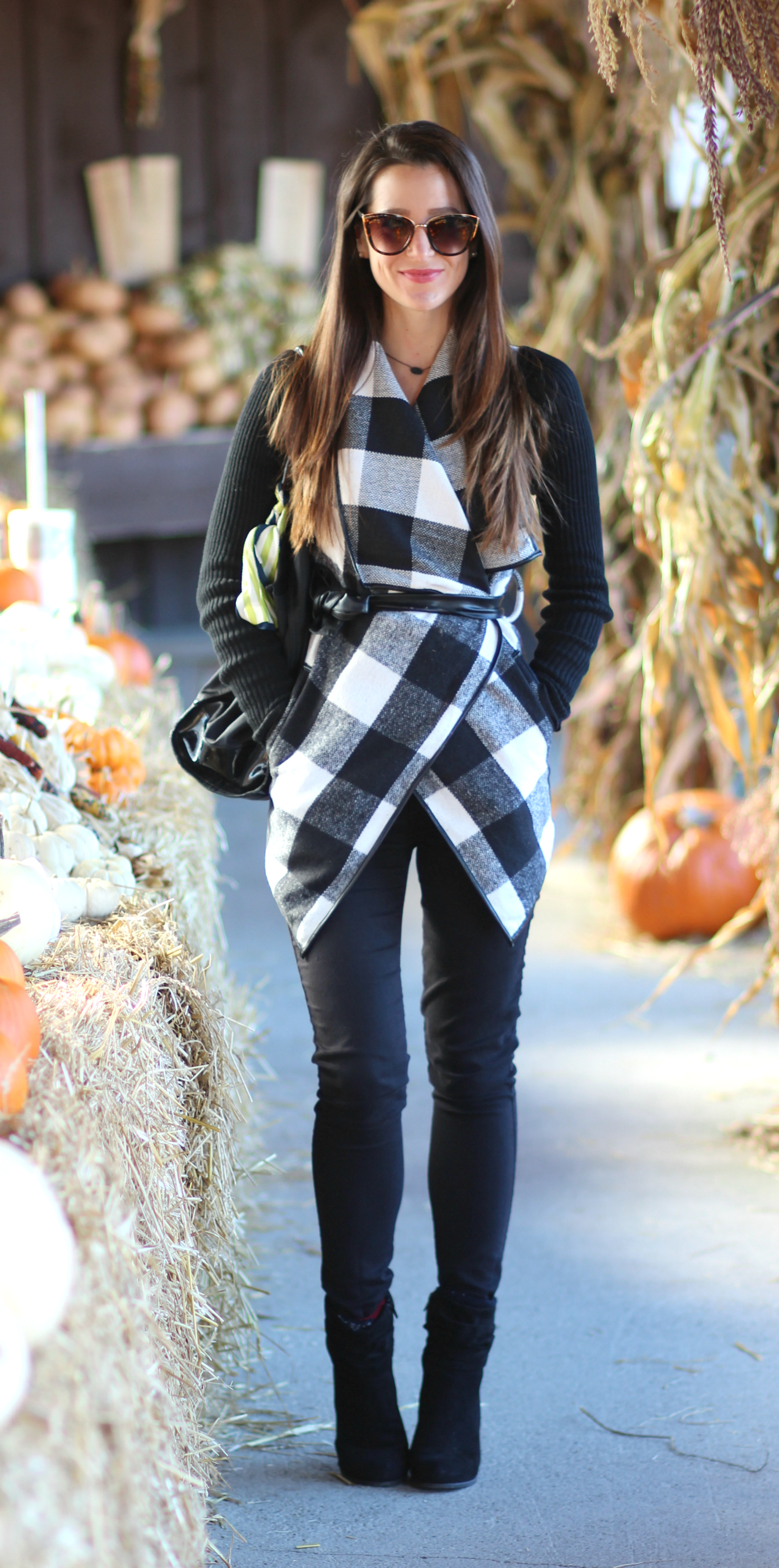 Affordable black and white plaid wrap coat from SheIn