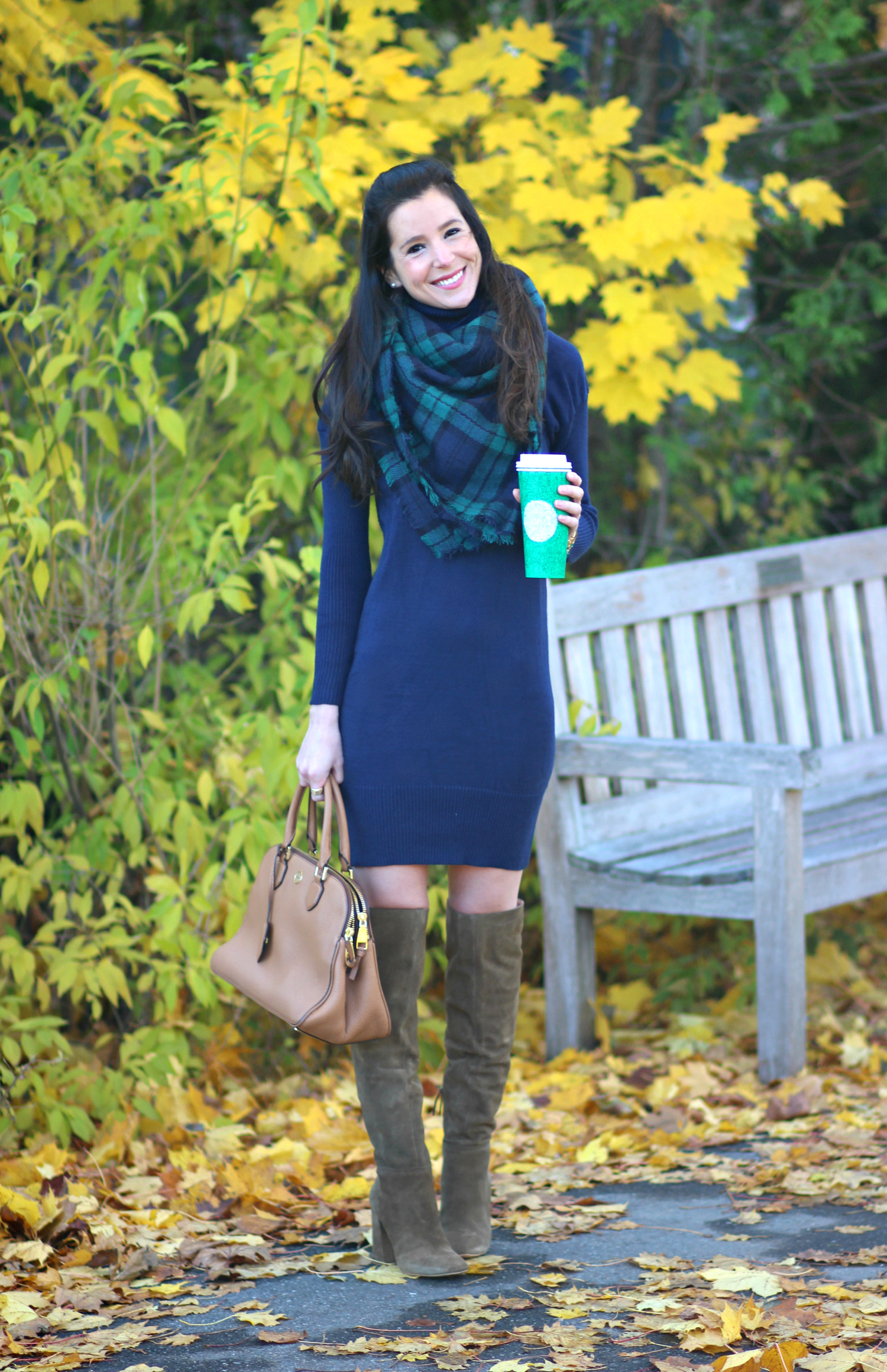 Healthy smile tips with classic navy turtleneck sweater dress outfit details