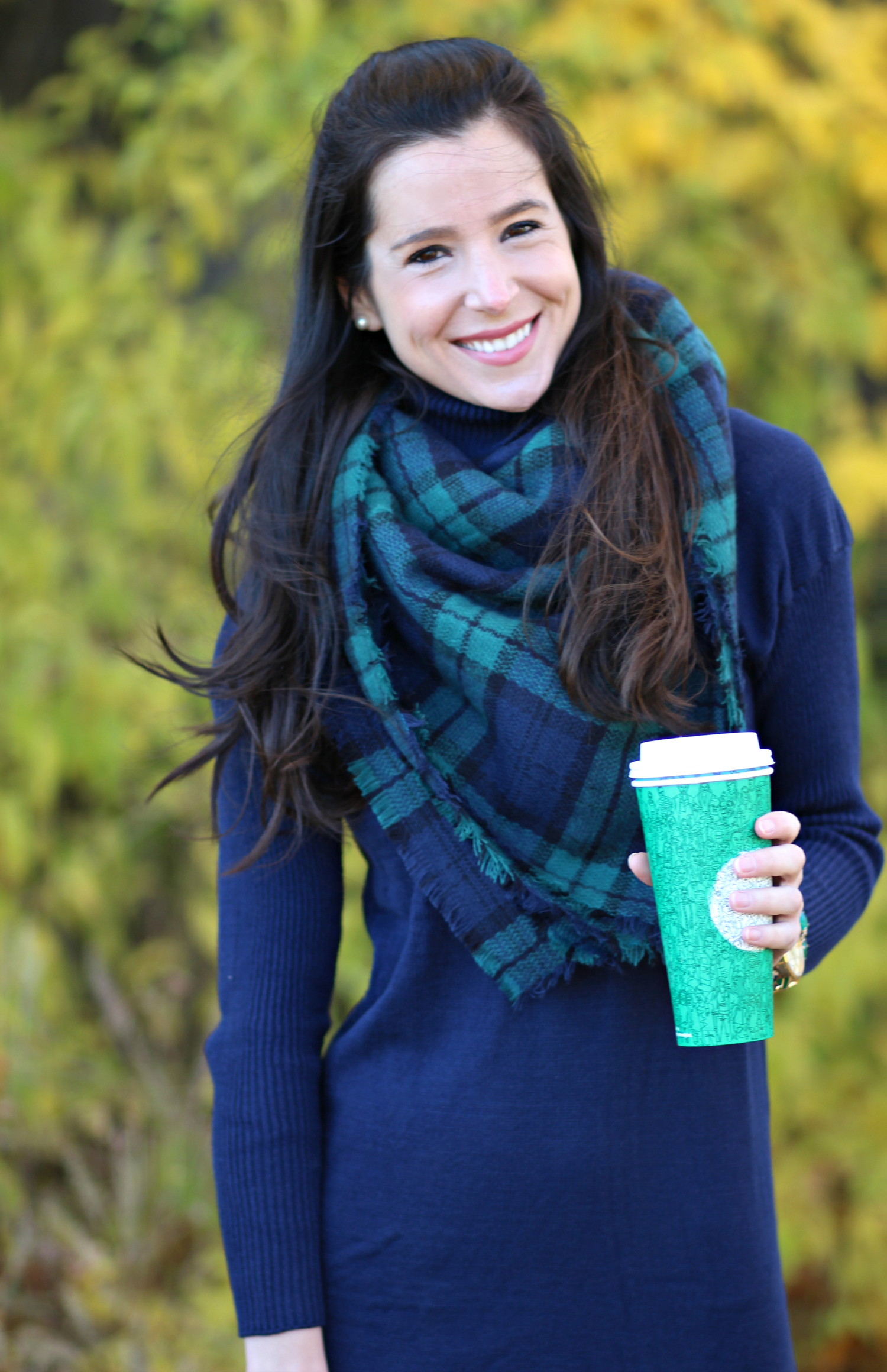 Healthy smile tips with classic navy turtleneck sweater dress outfit details