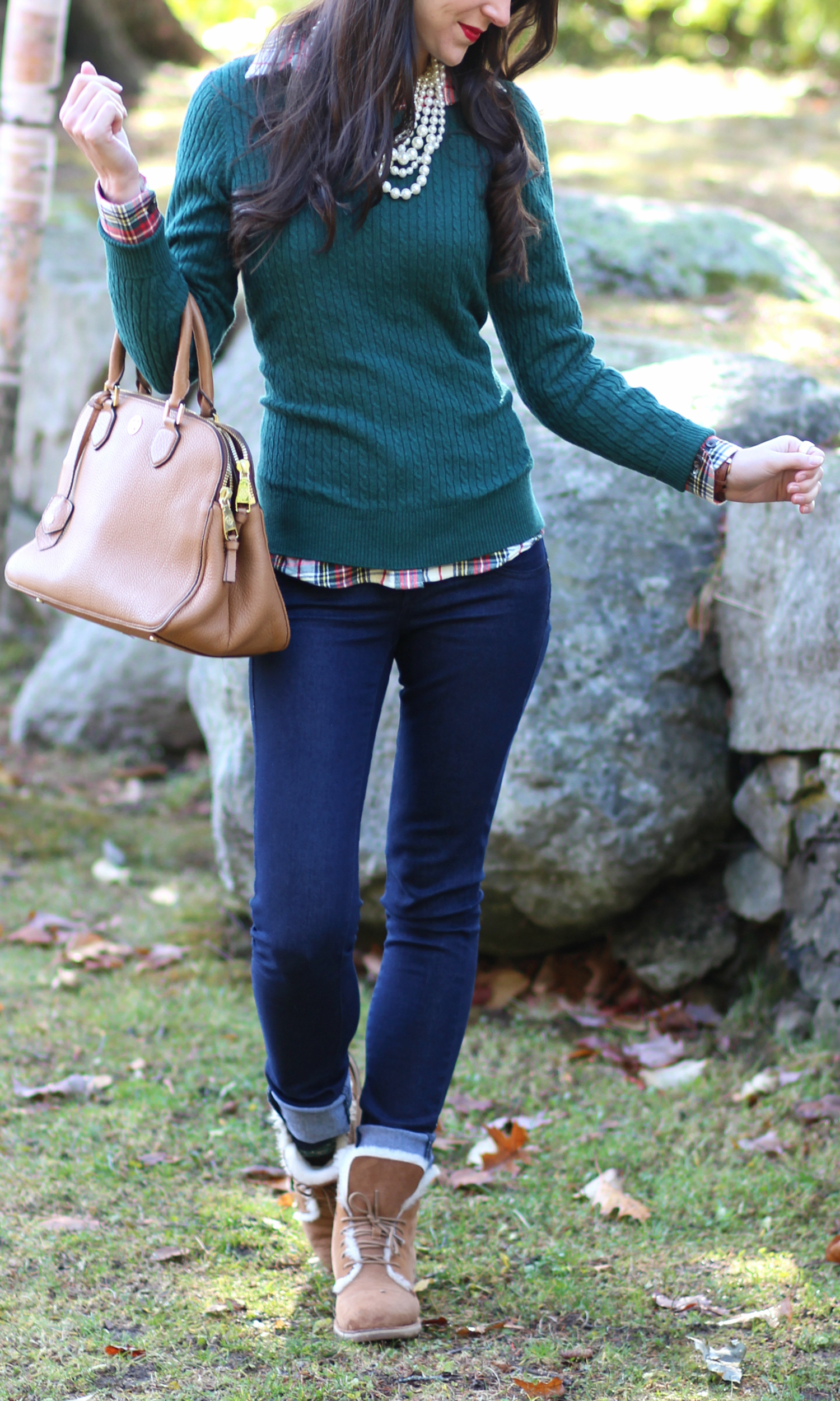 Green LLBean sweater outfit with chestnut Quincy UGG boots