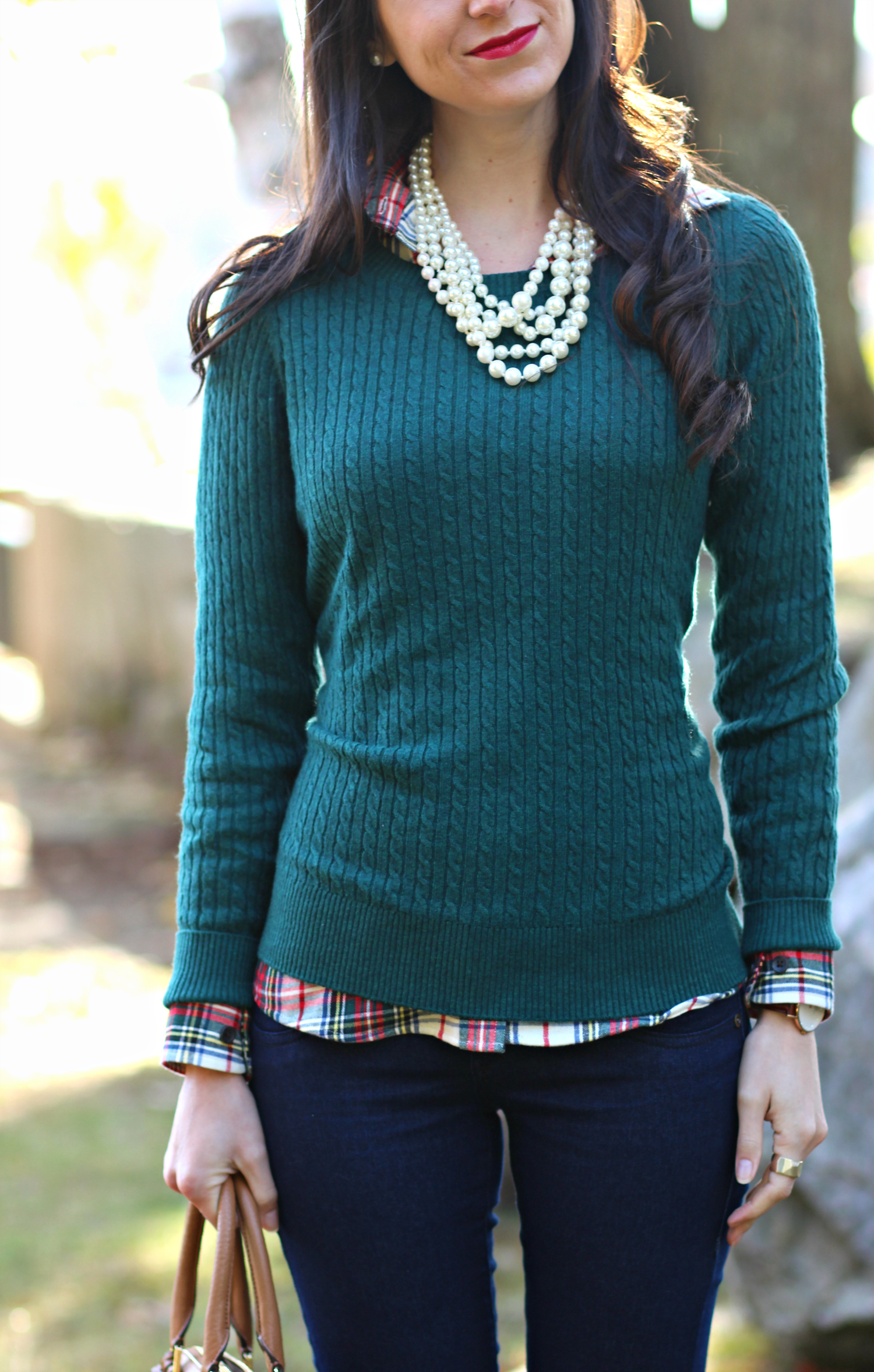 Green LLBean sweater outfit with chestnut Quincy UGG boots