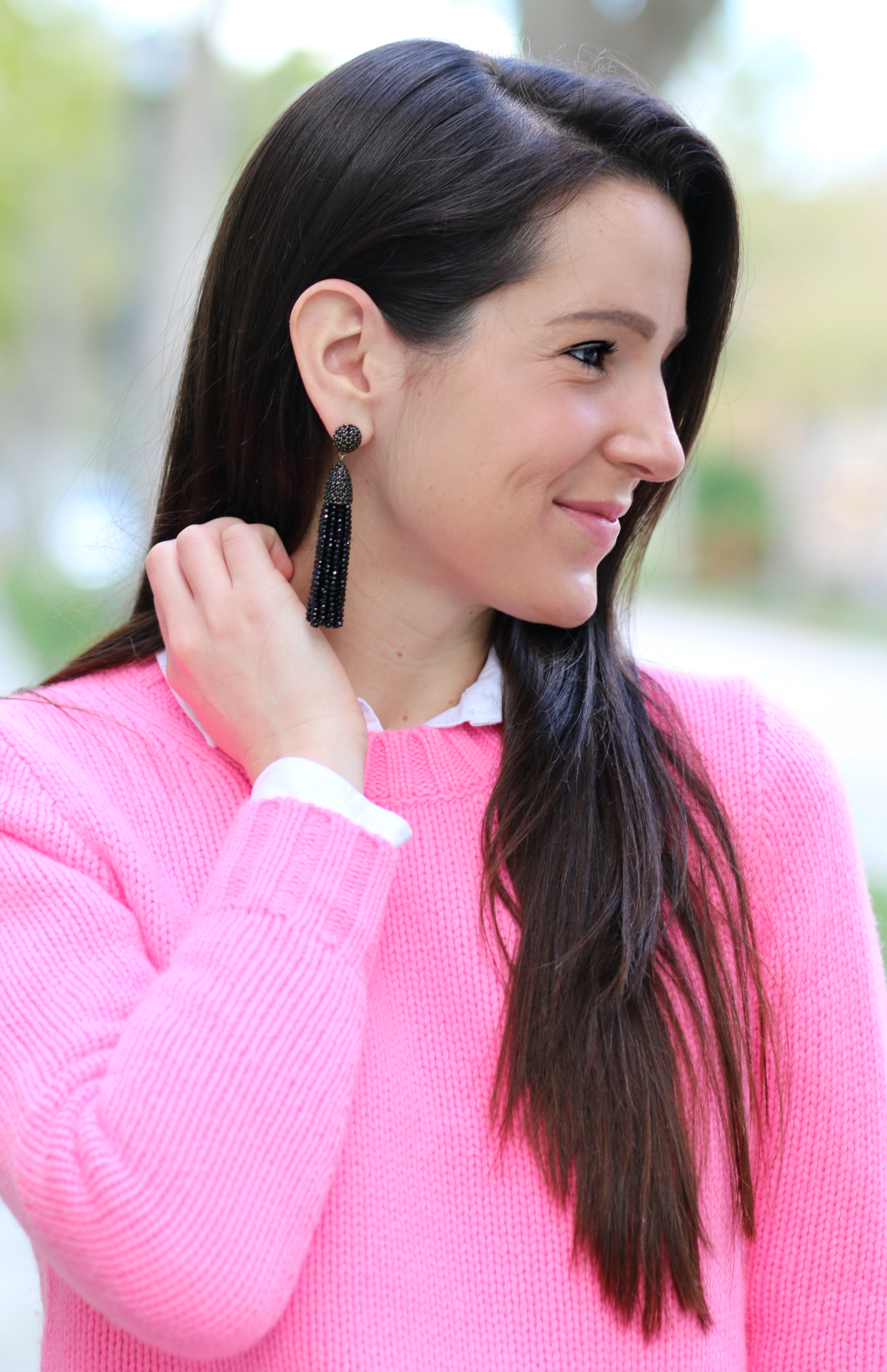 A preppy, dressy casual hot pink crewneck sweater outfit from J.Crew Factory and SheIn