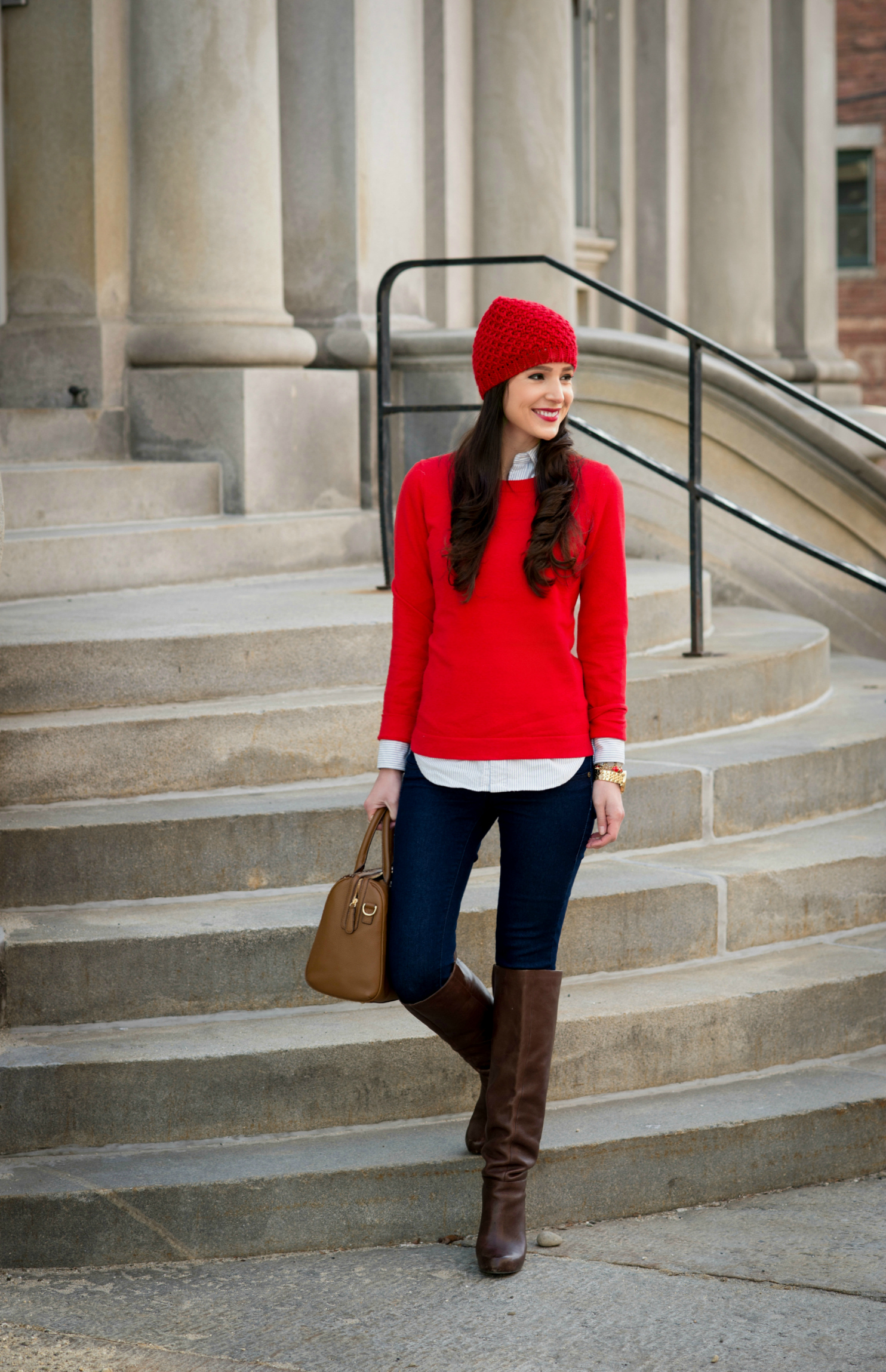 J.Crew Factory Red Crewneck Sweater and Striped Oxford