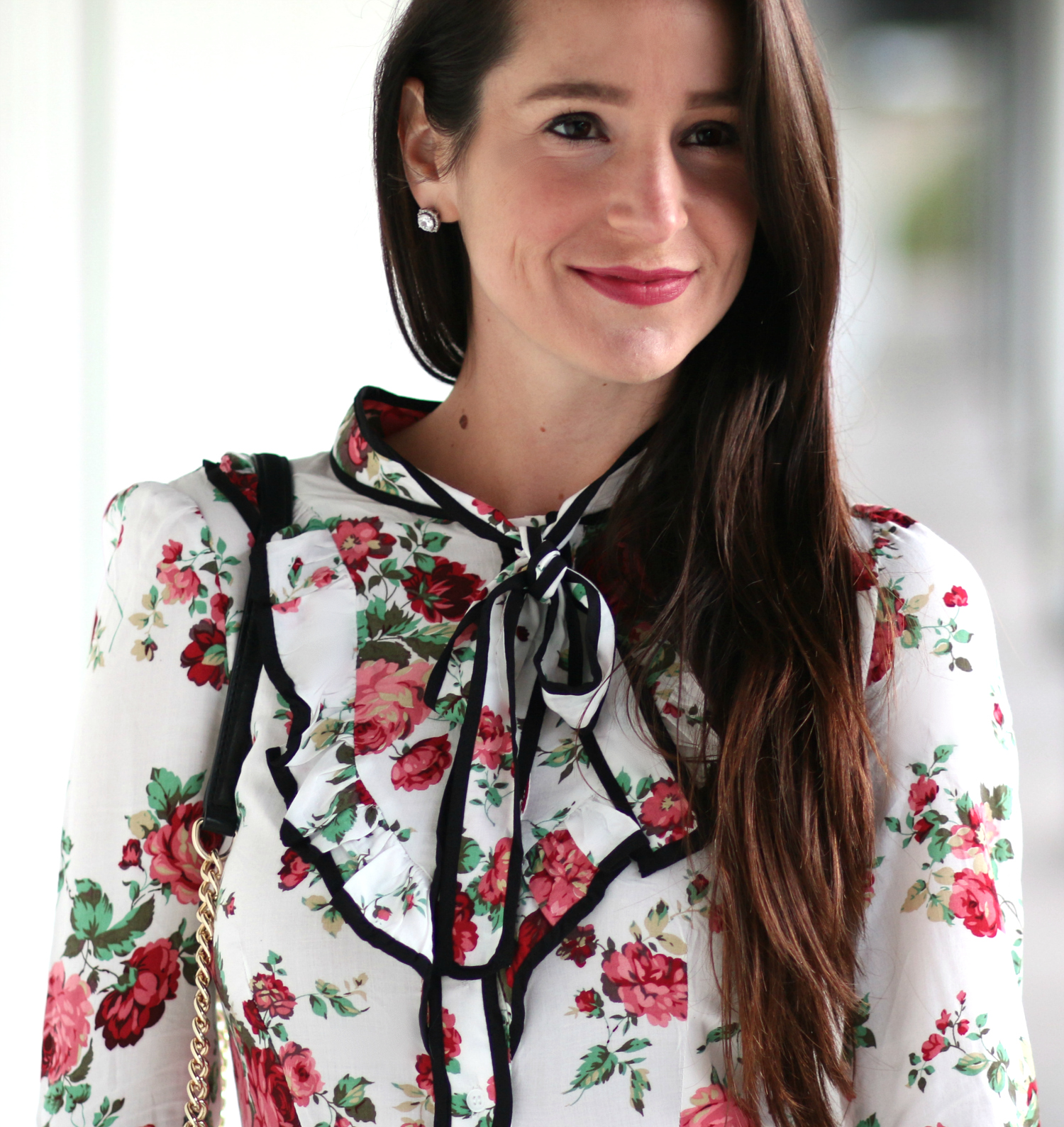 Belle inspired cocktail dress with floral rose print, chic neck tie detailing, and three quarter sleeves