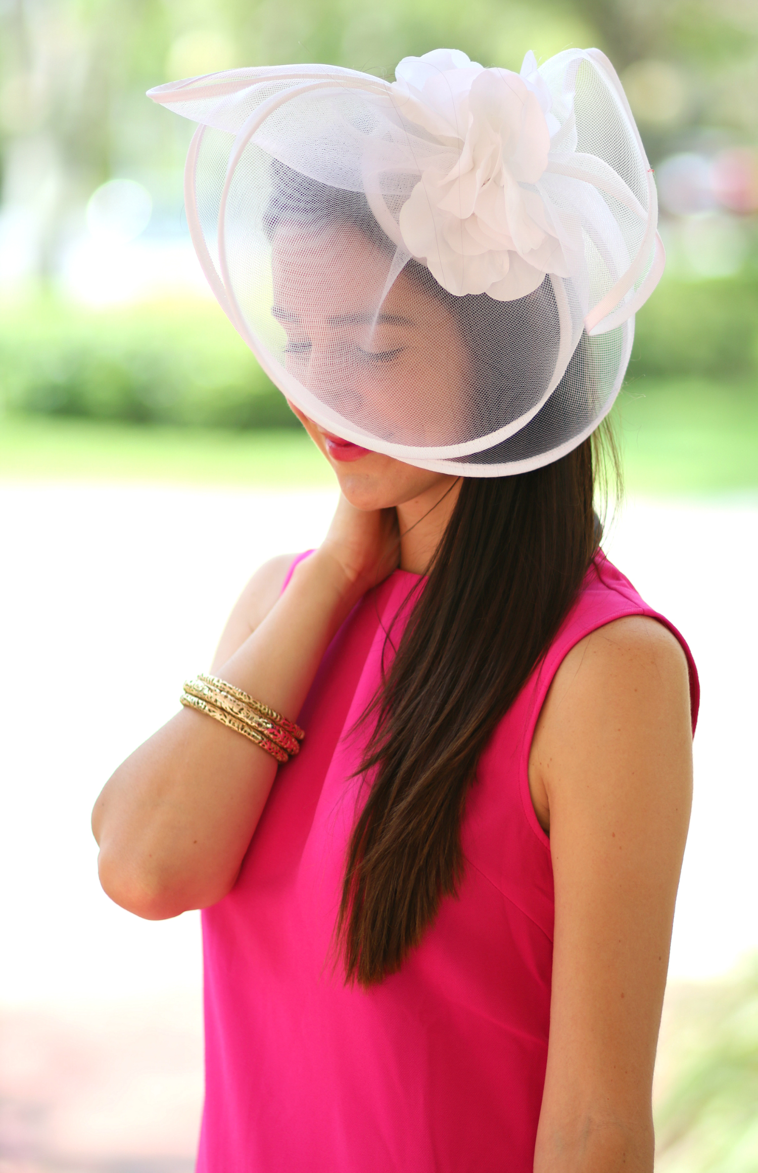 Absolutely darling fuchsia Kentucky Derby dress by Victoria Beckham for Target with a classic white fascinator from Etsy