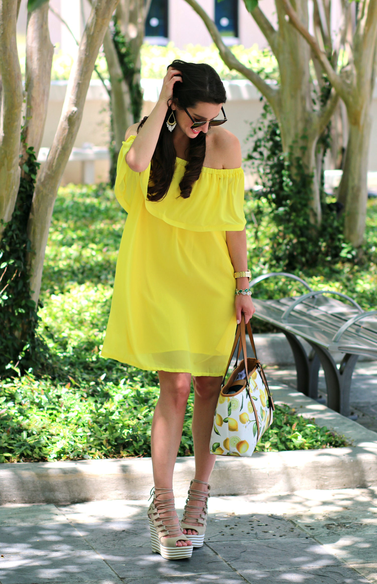 Affordable Yellow Off the Shoulder Cocktail Dress and Round-Up of Cute Citrus Accessories and Gifts for Lemon Lovers