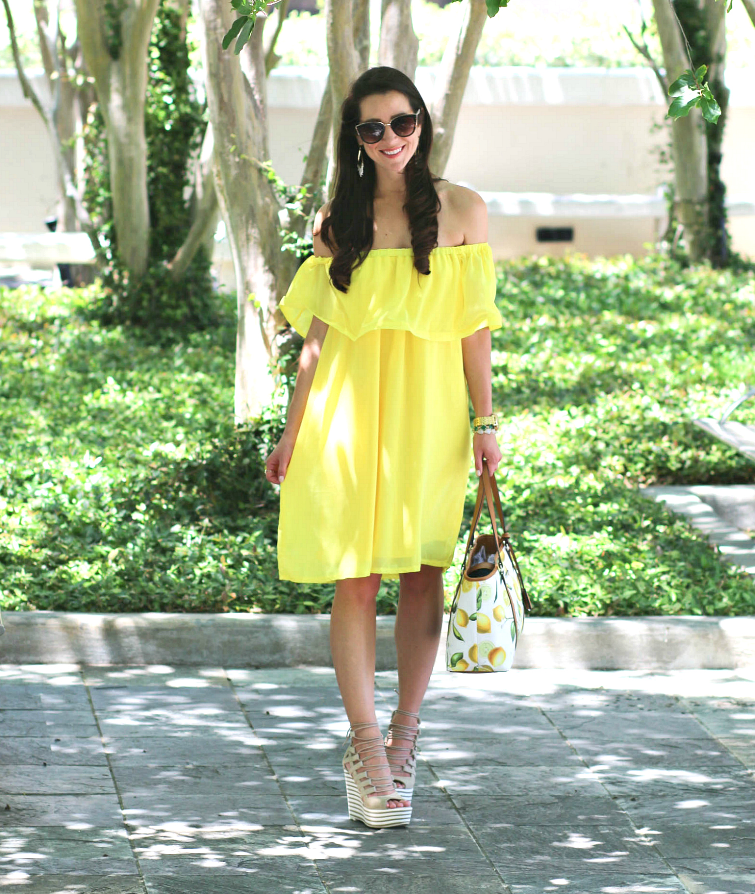 Affordable Yellow Off the Shoulder Cocktail Dress and Round-Up of Cute Citrus Accessories and Gifts for Lemon Lovers