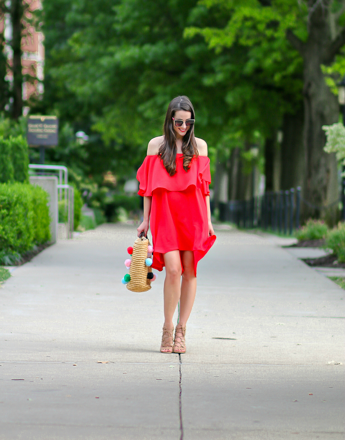 SheIn Red High Low Off the Shoulder Dress and DIY Pom Pom Tote Tutorial