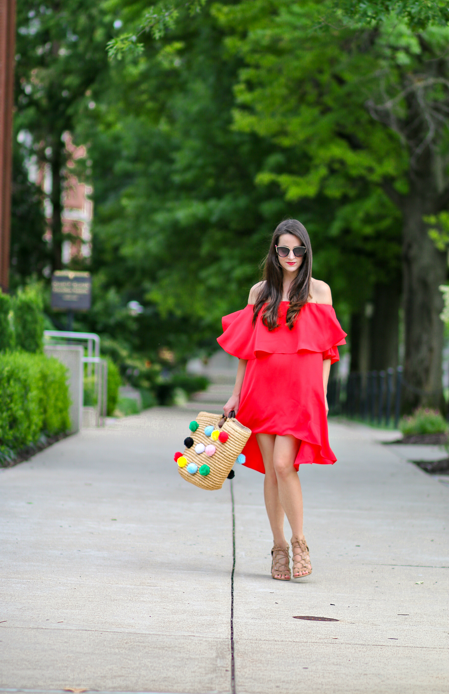SheIn Red High Low Off the Shoulder Dress and DIY Pom Pom Tote Tutorial