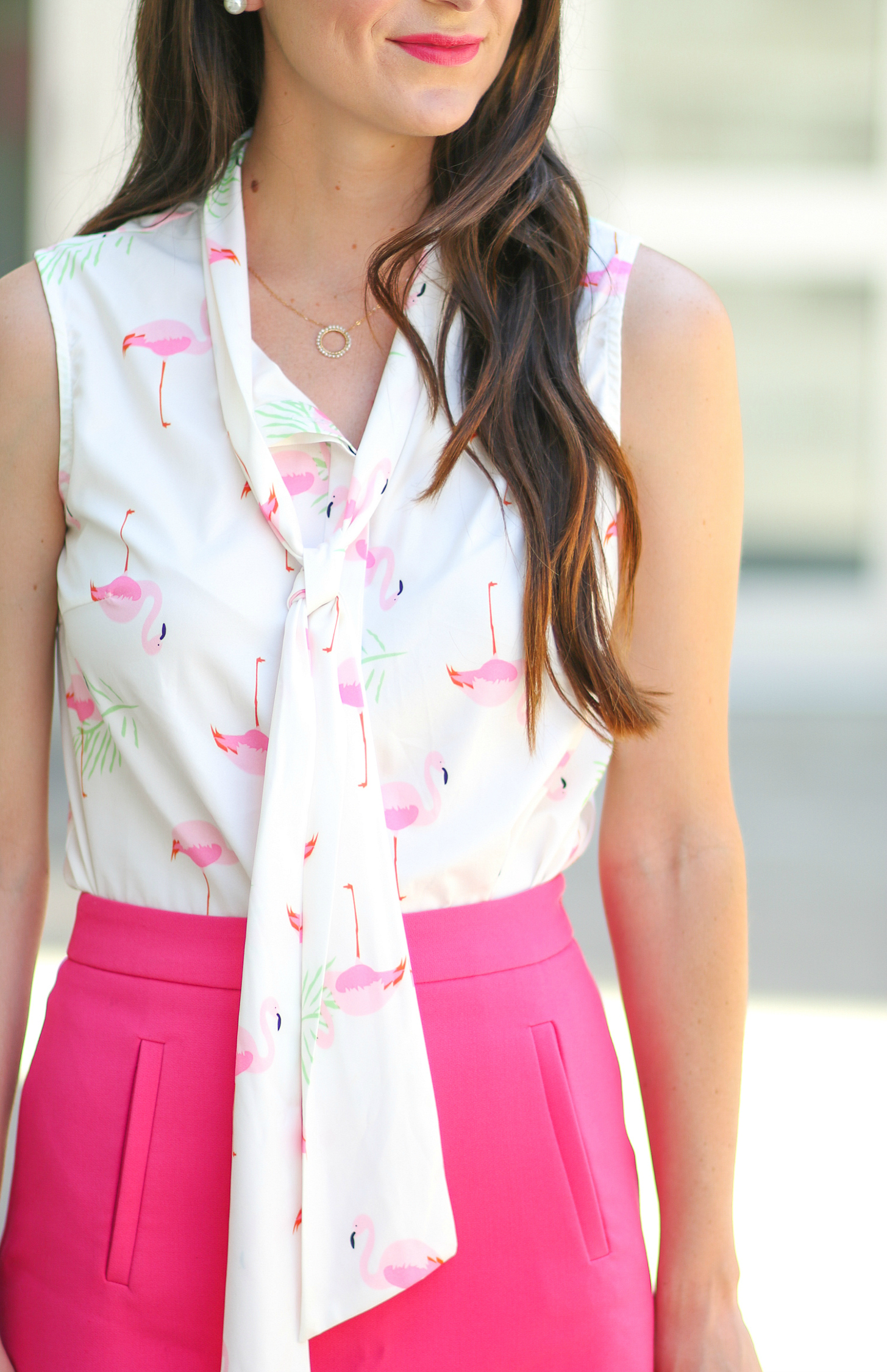 Goodnight Macaroon flamingo blouse, C.Wonder hot pink mini skirt, and nude patent leather heels plus a round-up of 29 fun flamingo gift ideas for summer lovers