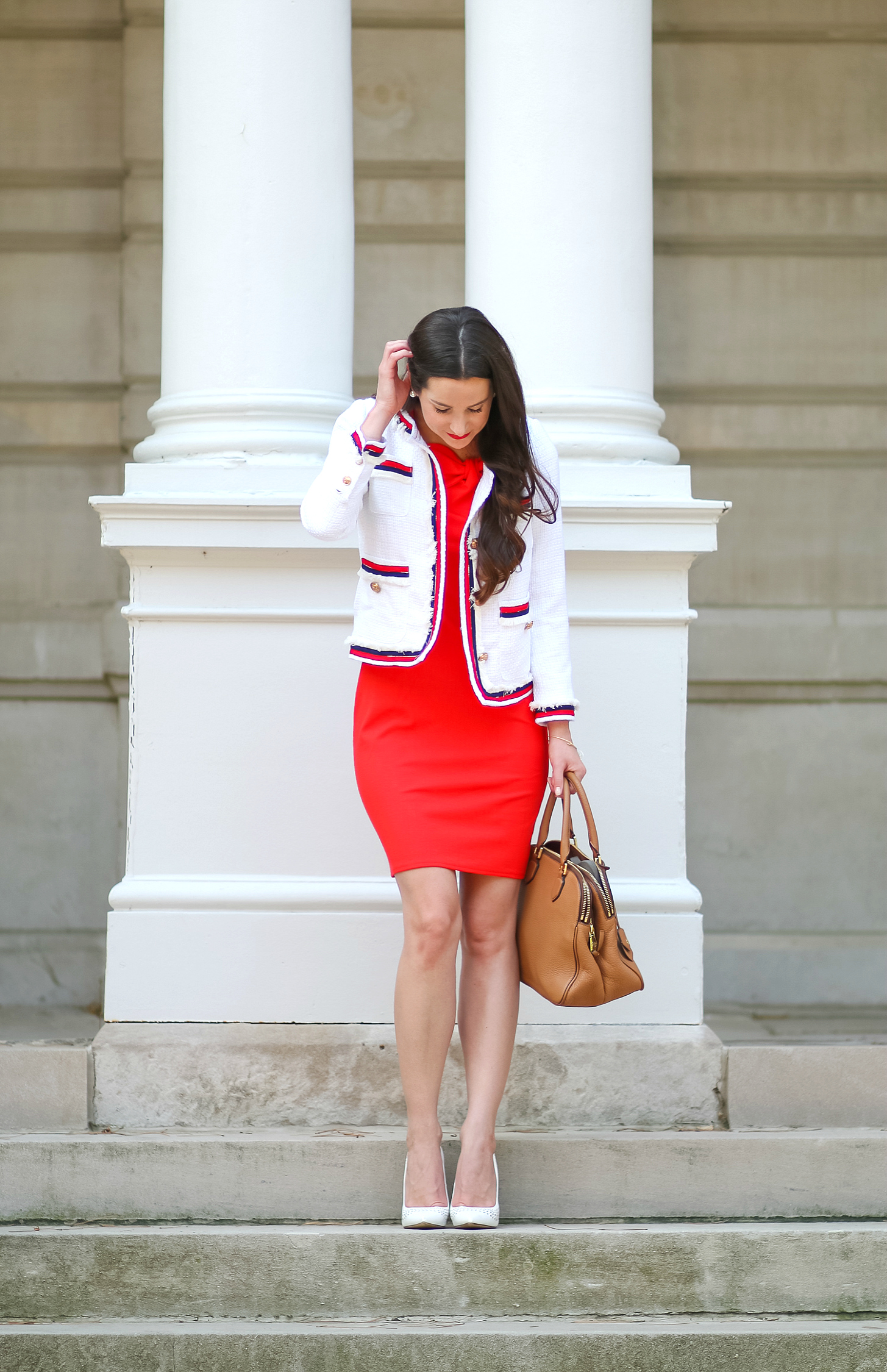 Red Jackie O sheath dress and white tweed jacket | Dressy casual Labor Day outfit idea by fashion blogger Stephanie Ziajka from Diary of a Debutante