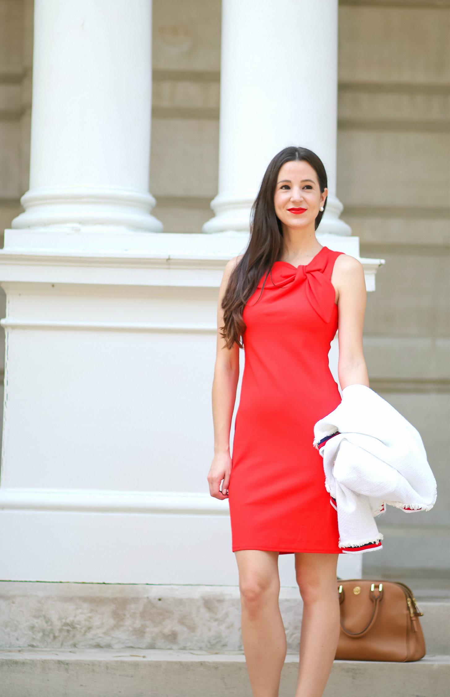 Red Jackie O sheath dress and white tweed jacket | Dressy casual Labor Day outfit idea by fashion blogger Stephanie Ziajka from Diary of a Debutante