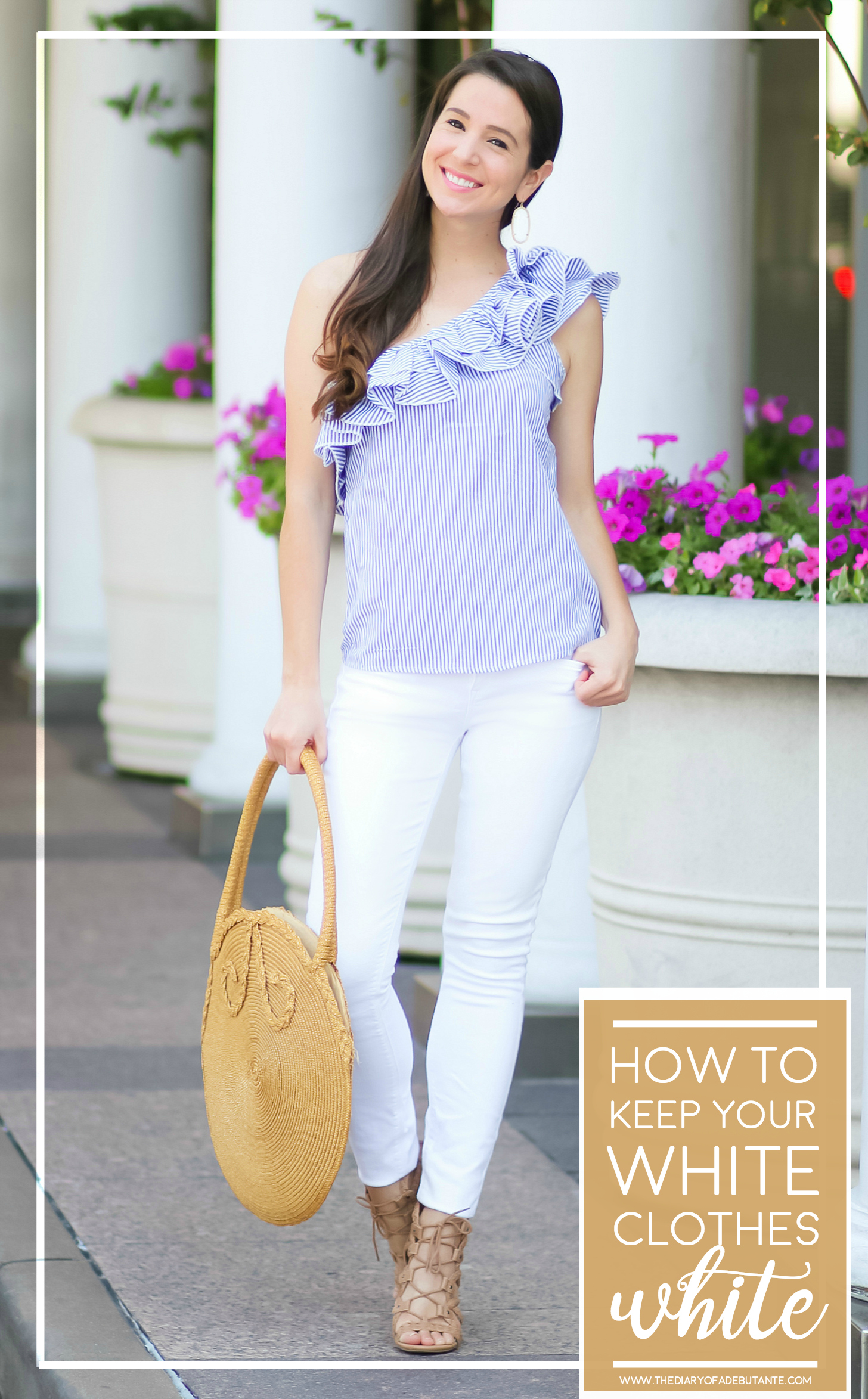 How to keep white clothes white for longer with CLOROX | Casual summer outfit (Shein one-shoulder stripped ruffle top and white jeans) by fashion blogger Stephanie Ziajka from Diary of a Debutante