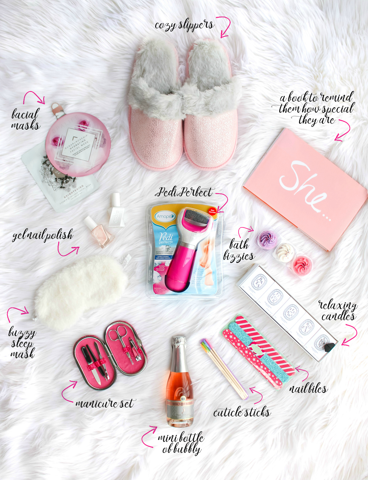 DIY spa gift basket consisting of 12 self care gift ideas she's guaranteed to love, including the Amope Pedi Perfect Foot File, by southern blogger Stephanie Ziajka from Diary of a Debutante