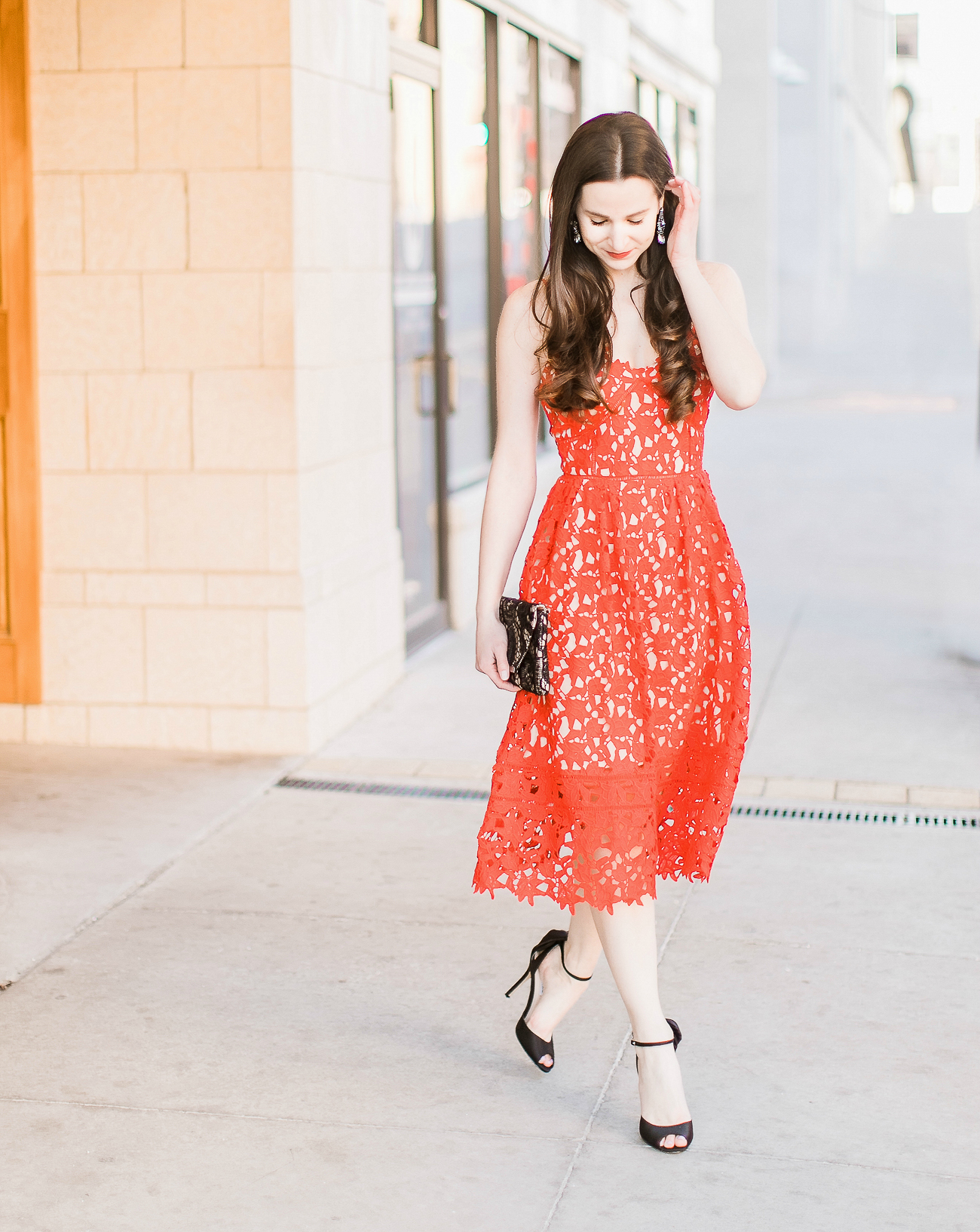 How to enjoy Valentine's Day as a single gal by fashion blogger Stephanie Ziajka from Diary of a Debutante, what to do on Valentine's Day when you are single, how to spend Valentine's Day alone | Shein red lace fit and flare dress with Nina black bow ankle pumps and Jessica McClintock black lace envelope clutch