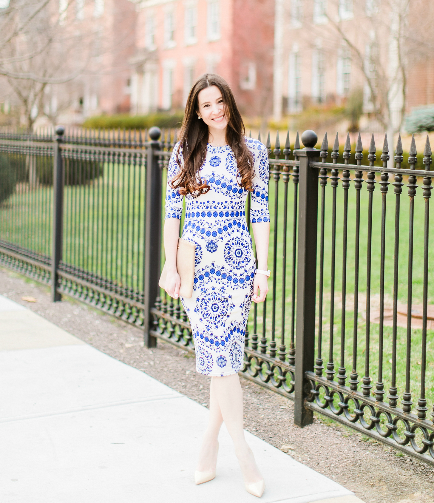 Dress Like Kate Middleton: An Affordable Taj Mahal Dress Replica for Your Spring Wardrobe by southern fashion blogger Stephanie Ziajka from Diary of a Debutante, Affordable Kate Middleton Taj Mahal Dress Replica, Naeem Khan Taj Mahal dress, Shein porcelain print pencil dress with M. Gemi The Cammeo tan patent leather pumps and a stone GiGi New York Uber clutch