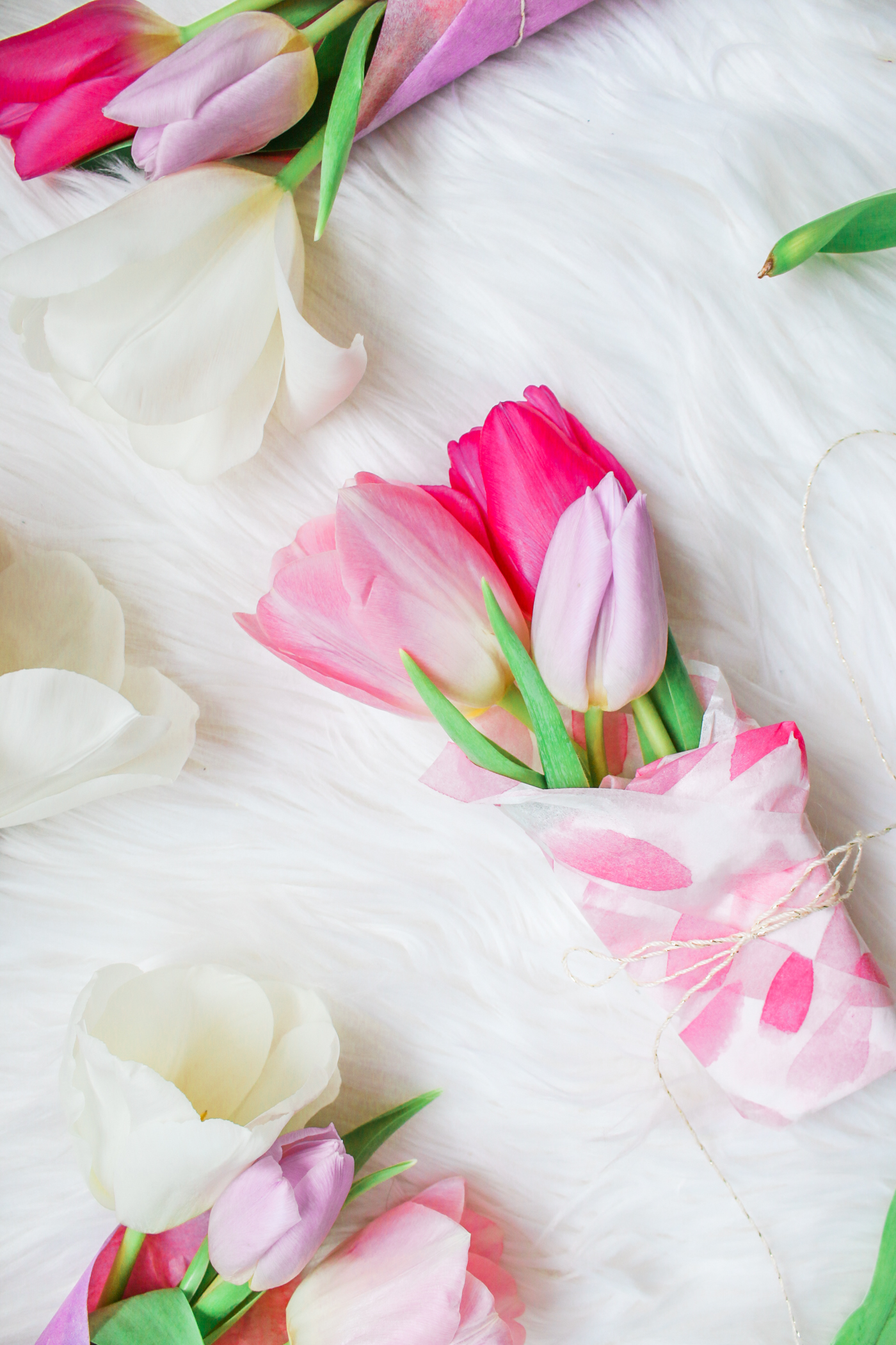 Country Spring Decor: DIY Mini Spring Tulip Bouquets by southern lifestyle blogger Stephanie Ziajka from Diary of a Debutante, spring tulip bouquet, easter tulip bouquet, pretty watercolor tissue paper, Valentine's Day tulip bouquet