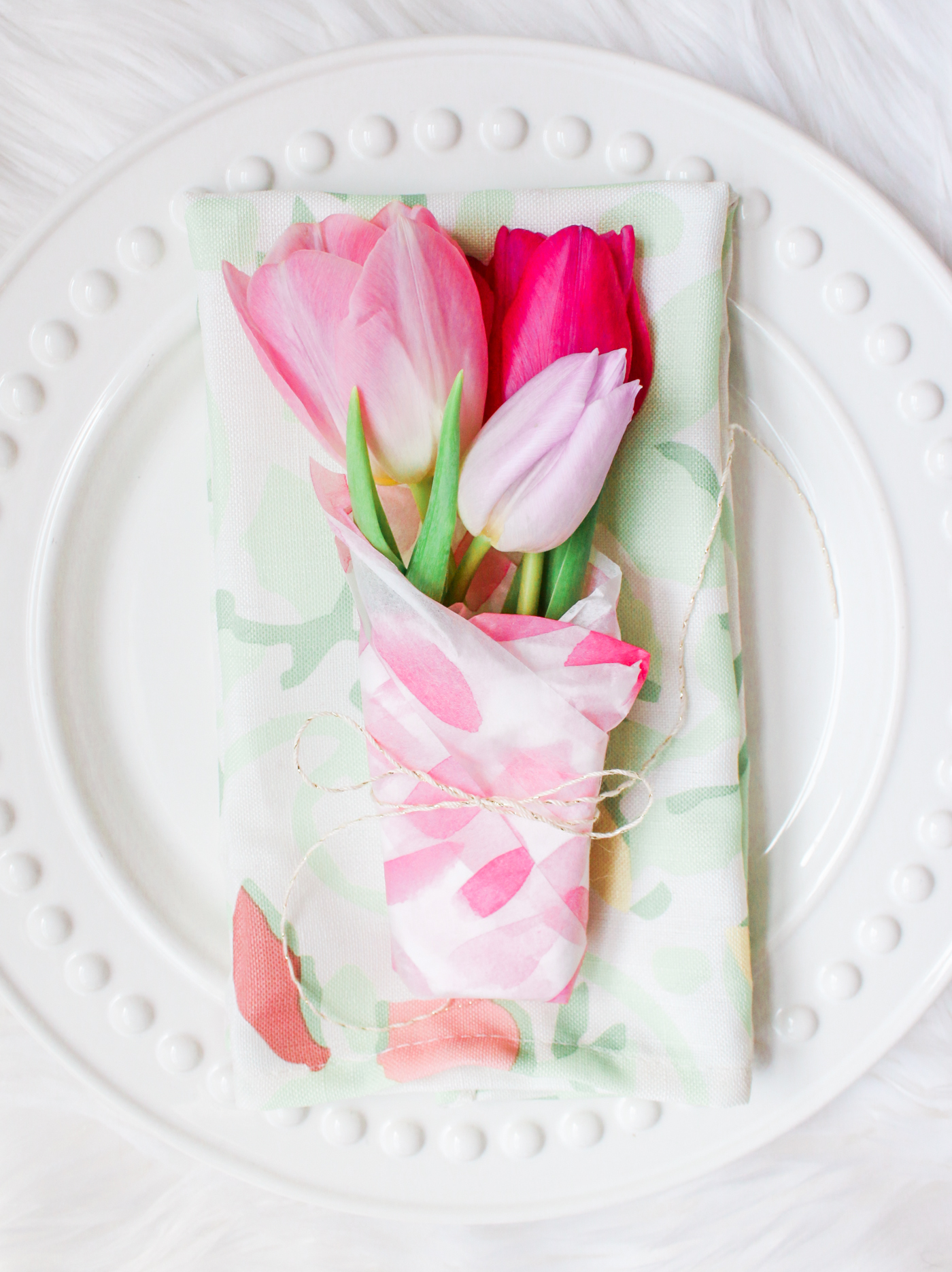 Country Spring Decor: DIY Mini Spring Tulip Bouquets by southern lifestyle blogger Stephanie Ziajka from Diary of a Debutante, spring tulip bouquet, Easter tulip bouquet, Easter place setting