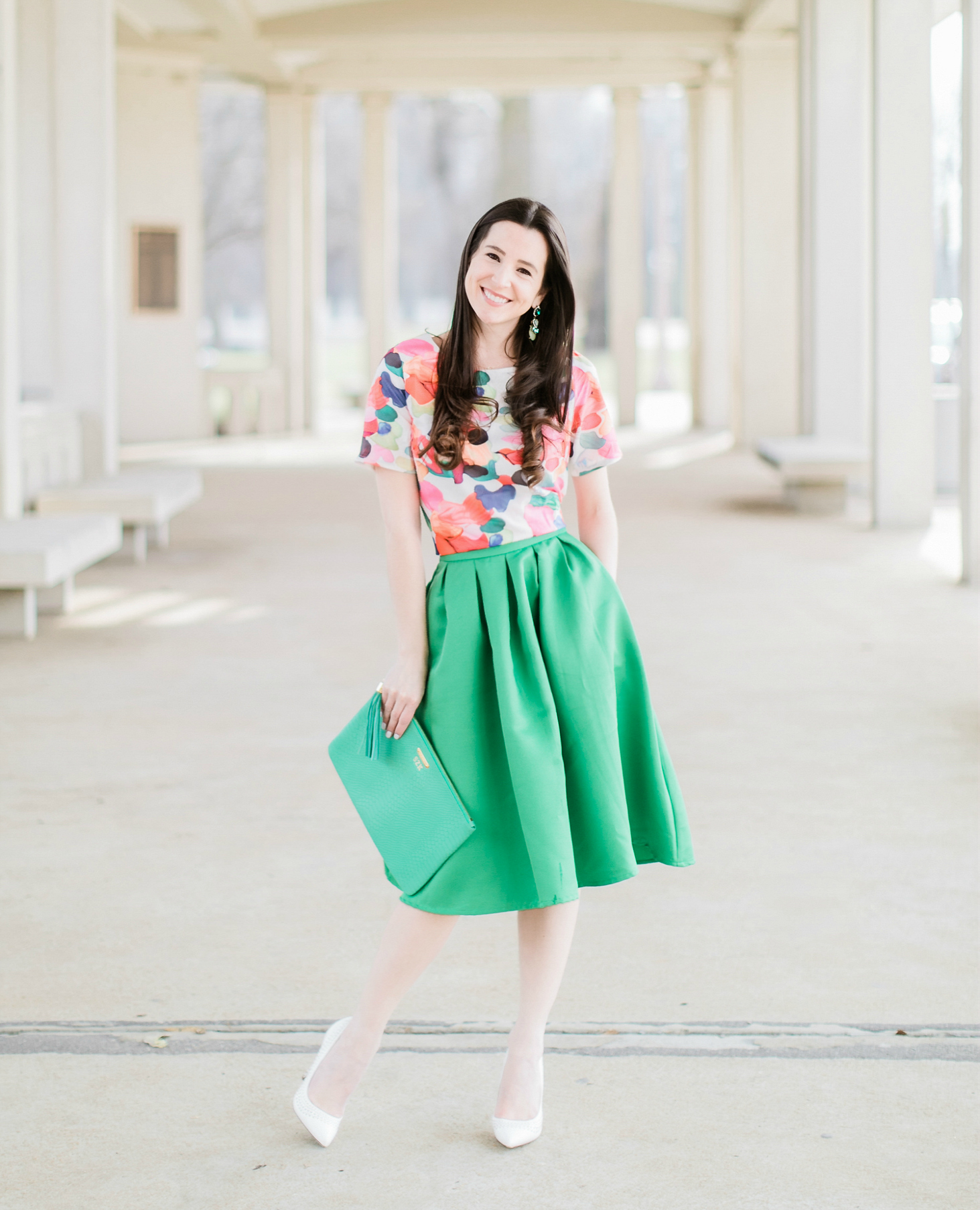 Why We Should Embrace Modesty in Modern Fashion by southern fashion blogger Stephanie Ziajka from Diary of a Debutante, kelly green a-line skirt styled with a colorful calico print crop top, white Sam Edelman pointed toe pumps, and a green monogrammed GiGi New York Uber clutch, modest outfit for women, modest dresses and skirts for women