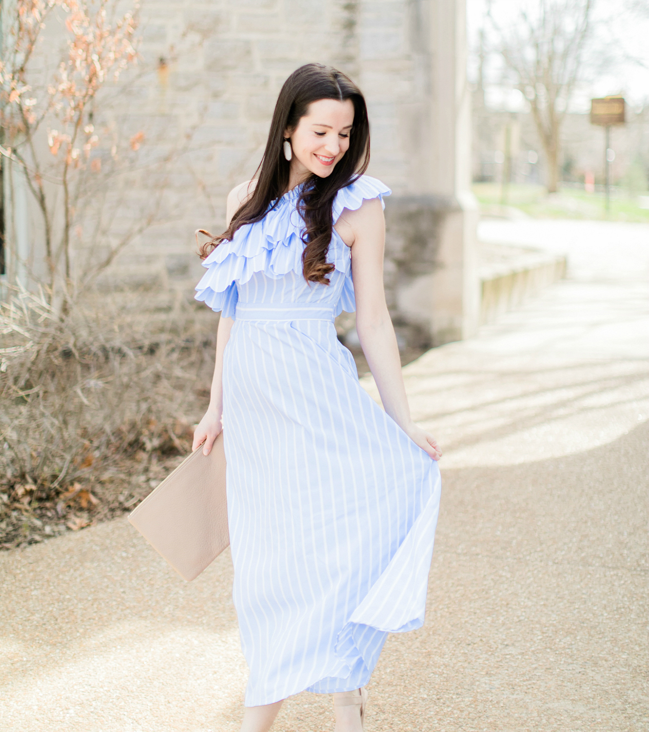 Best Dresses to Wear to a Spring Wedding by southern fashion blogger Stephanie Ziajka from Diary of a Debutante, spring wedding guest outfits, wedding guest dress ideas, dresses to wear to a spring wedding, blue striped double ruffle midi dress