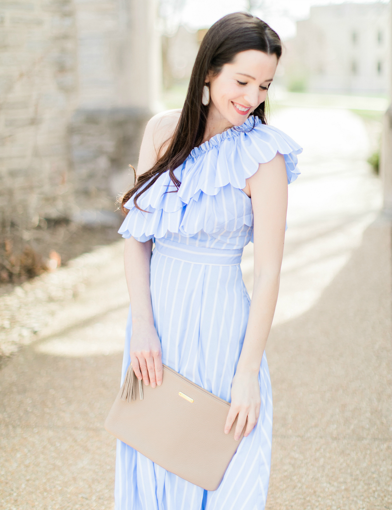 Best Dresses to Wear to a Spring Wedding by southern fashion blogger Stephanie Ziajka from Diary of a Debutante, spring wedding guest outfits, wedding guest dress ideas, dresses to wear to a spring wedding, blue striped double ruffle midi dress
