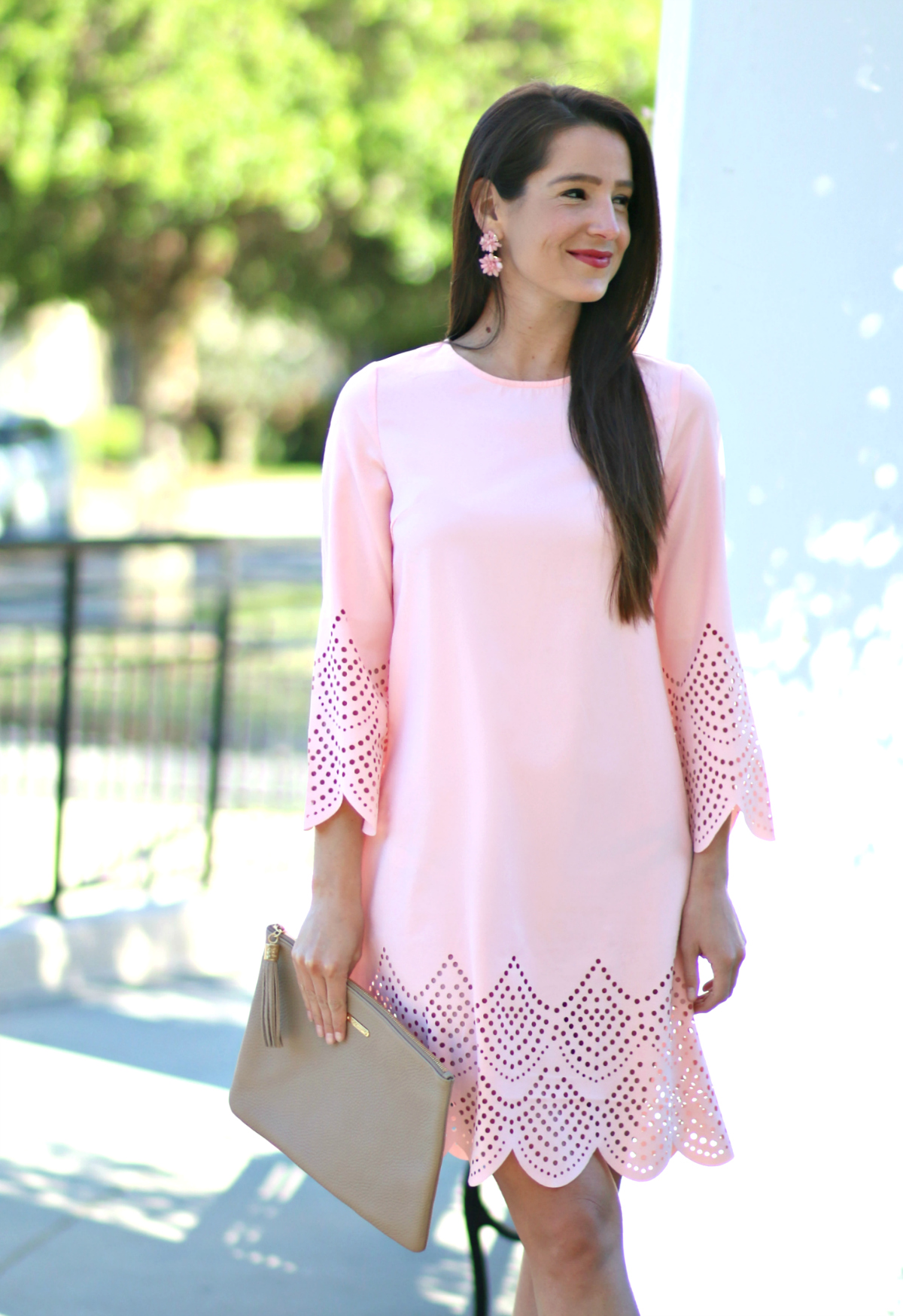 Best Dresses to Wear to a Spring Wedding by southern fashion blogger Stephanie Ziajka from Diary of a Debutante, spring wedding guest outfits, wedding guest dress ideas, dresses to wear to a spring wedding, pink scalloped hollow hem shift dress