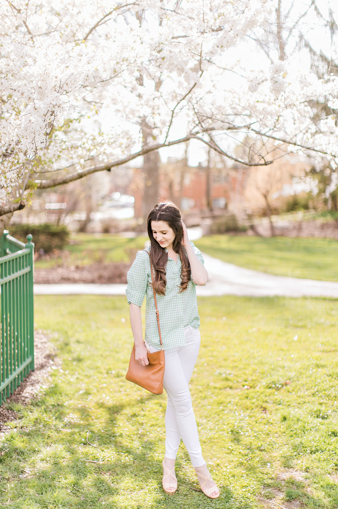 Pastel Lookbook: Spring Style Picks from Kohl's by southern fashion blogger Stephanie Ziajka from Diary of a Debutante, top kohl's picks, spring wardrobe essentials, cute spring clothes for women, cute spring outfits, cute spring outfits for women, Chaps No-Iron Green Gingham Shirt, Levi's 711 White Ankle Skinny Jeans, LC Lauren Conrad Ring Convertible Crossbody Bag 