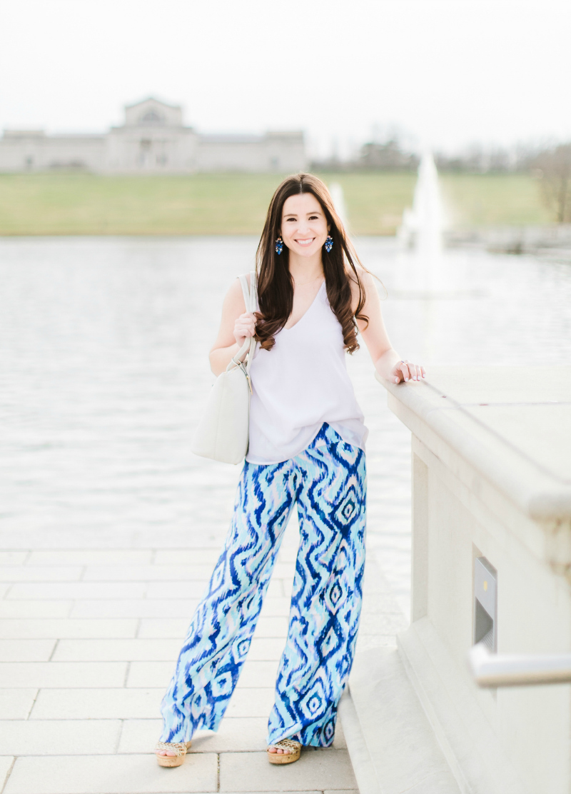 Women's Palazzo Pants Online, Lilly Pulitzer Top Picks, Where to Find Cute Women's Palazzo Pants Online by southern fashion blogger Stephanie Ziajka from Diary of a Debutante, Lilly Pulitzer Lolani Silk Palazzo Pants, Vera Bradley White Peony Mallory Tote, White V-Neck Chiffon Tank Top, MoMo Cork Woven Wedges