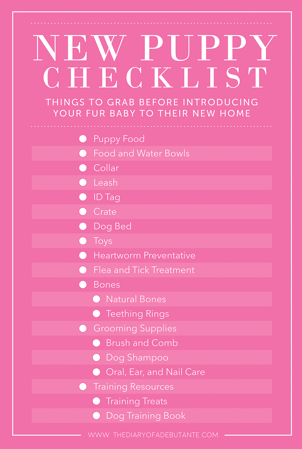 Bringing a Puppy Home Checklist, New Puppy Checklist, Puppy Proofing Your Home Checklist, Clear the Shelters Day information, Clear the Shelters: How to Prepare for a New Puppy by southern blogger and dog mom Stephanie Ziajka from Diary of a Debutante